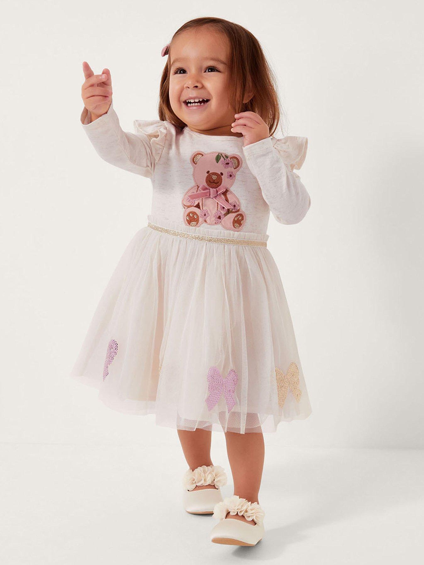 Monsoon Baby Girls Bear Disco Long Sleeve Dress - Light Cream