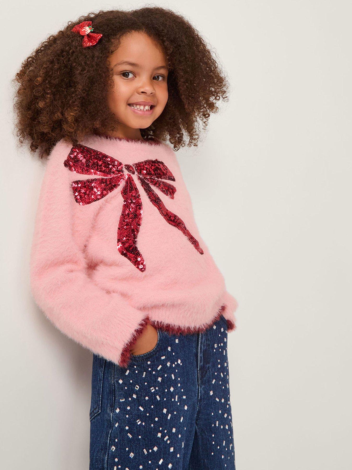 Monsoon Girls Sequin Bow Knitted Jumper - Pink