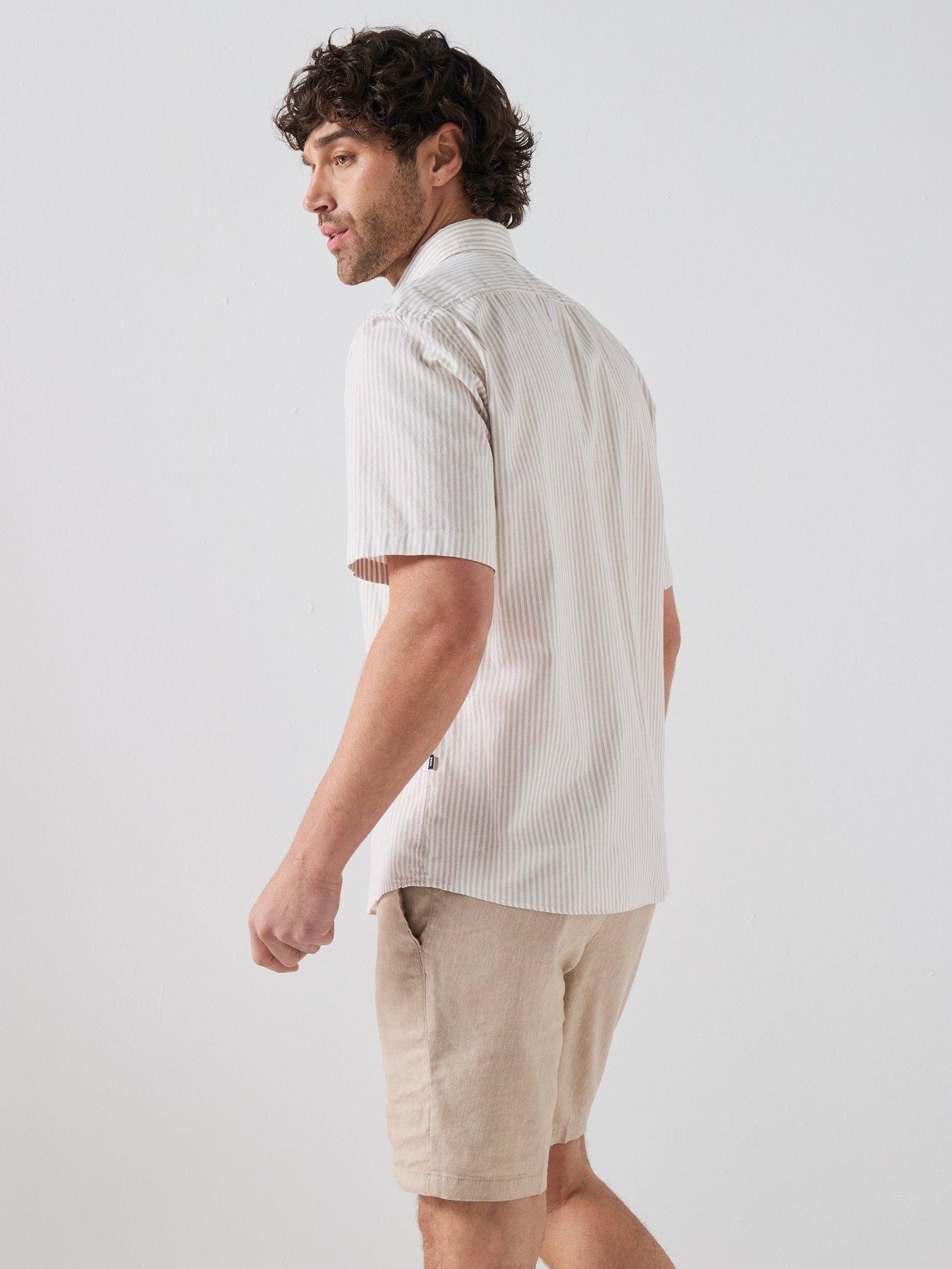 boss-button-down-short-sleeve-stripe-shirt-beigestillFront