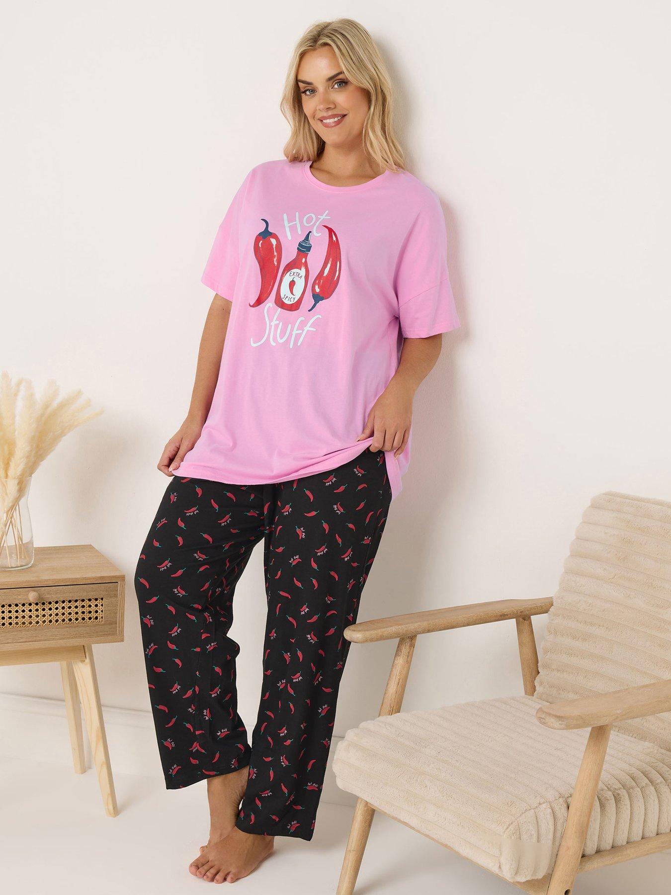 Image 1 of 4 of Yours Curve Hot Stuff Wide Leg Pyjama Set - Pink