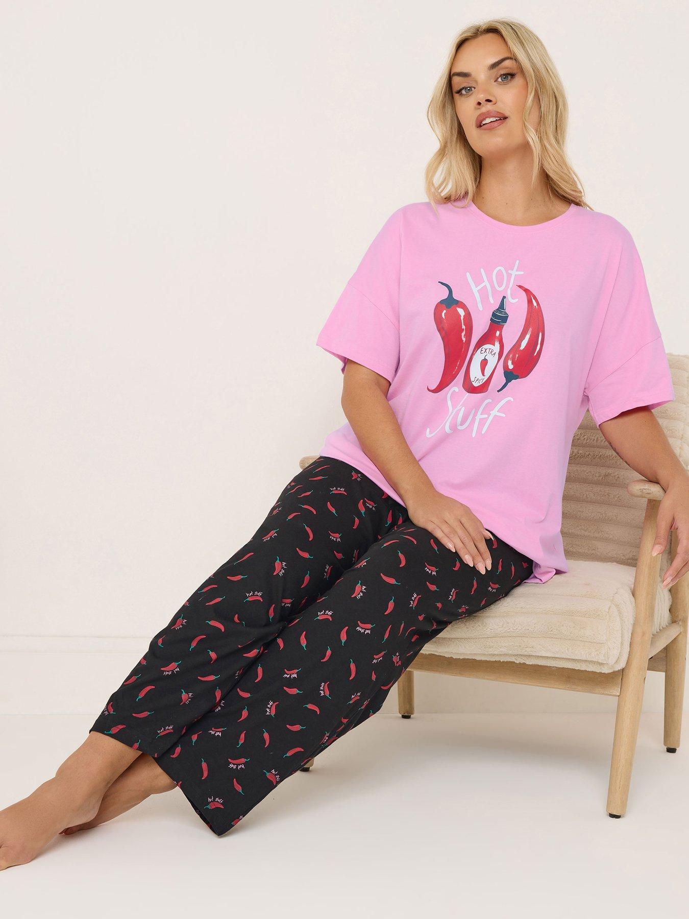 Image 3 of 4 of Yours Curve Hot Stuff Wide Leg Pyjama Set - Pink
