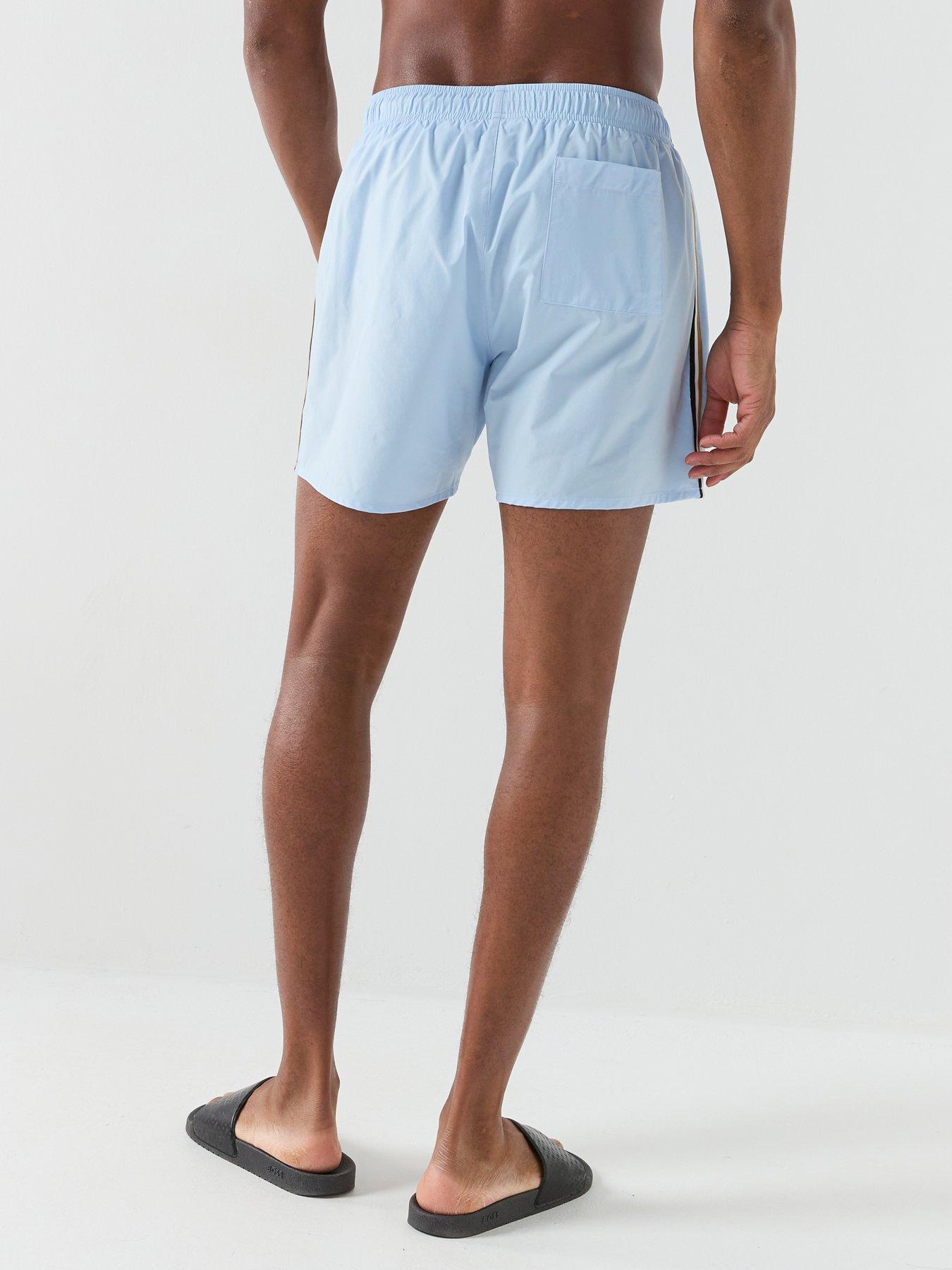 Image 2 of 5 of BOSS Iconic Global Side Tape Swim Shorts - Light Blue