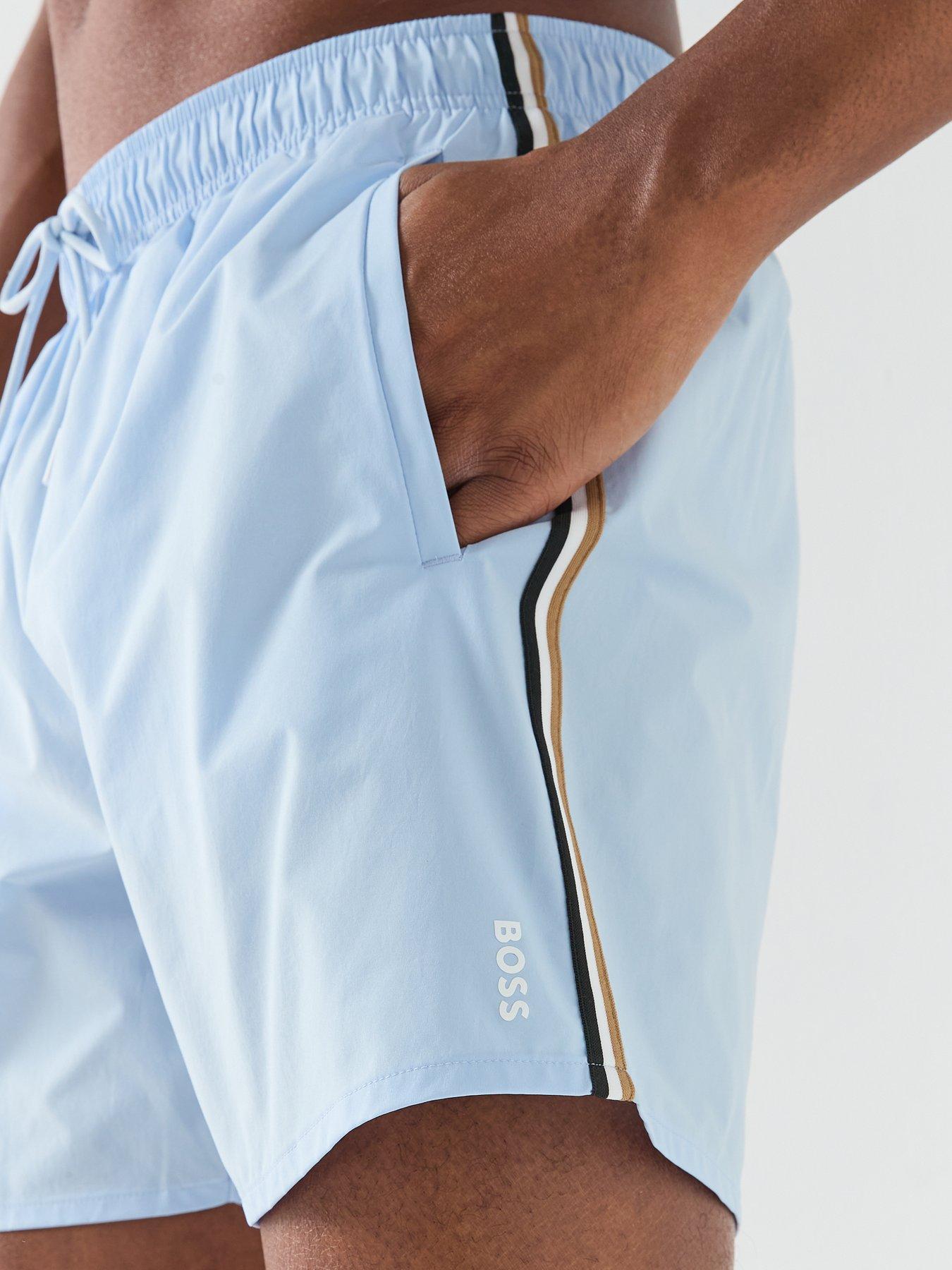 Image 4 of 5 of BOSS Iconic Global Side Tape Swim Shorts - Light Blue