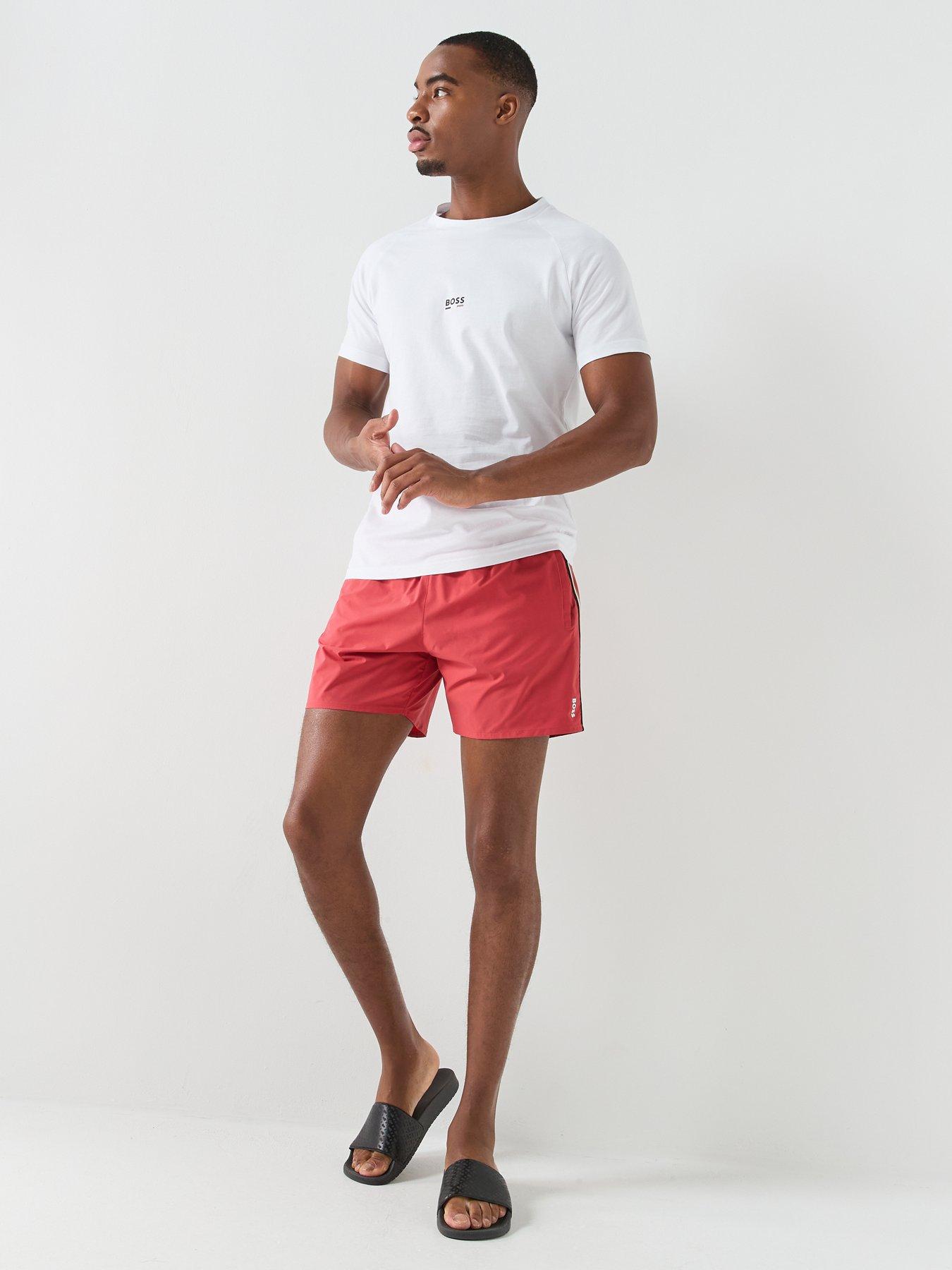 Image 3 of 5 of BOSS Iconic Global Side Tape Swim Shorts - Red