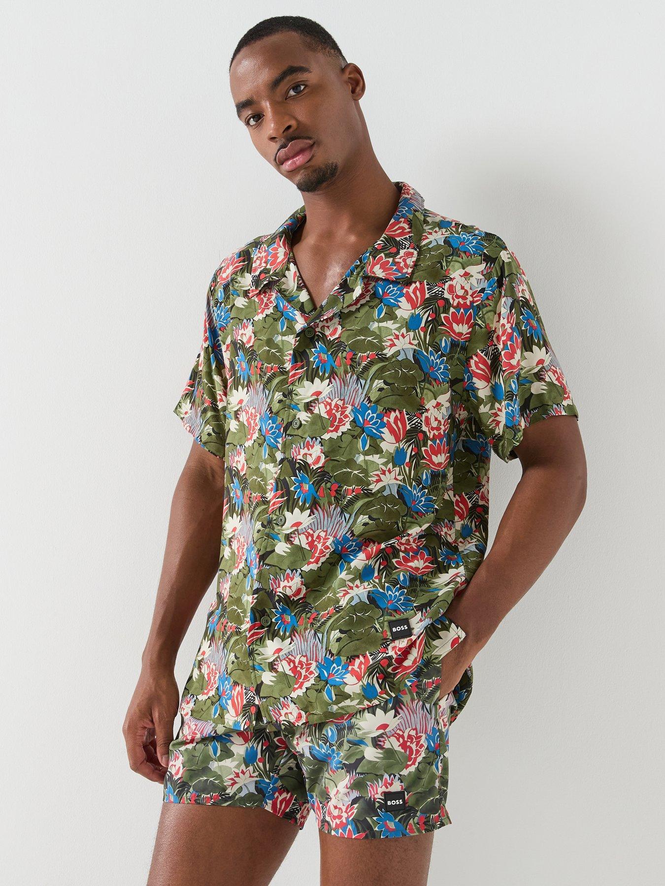 Image 1 of 6 of BOSS Floral Printed Beach Short Sleeve Shirt - Green