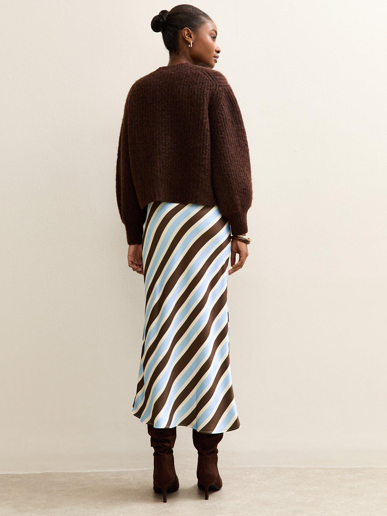 Image 2 of 5 of New Look Satin Striped Bias Cut Midi Skirt - Stripe