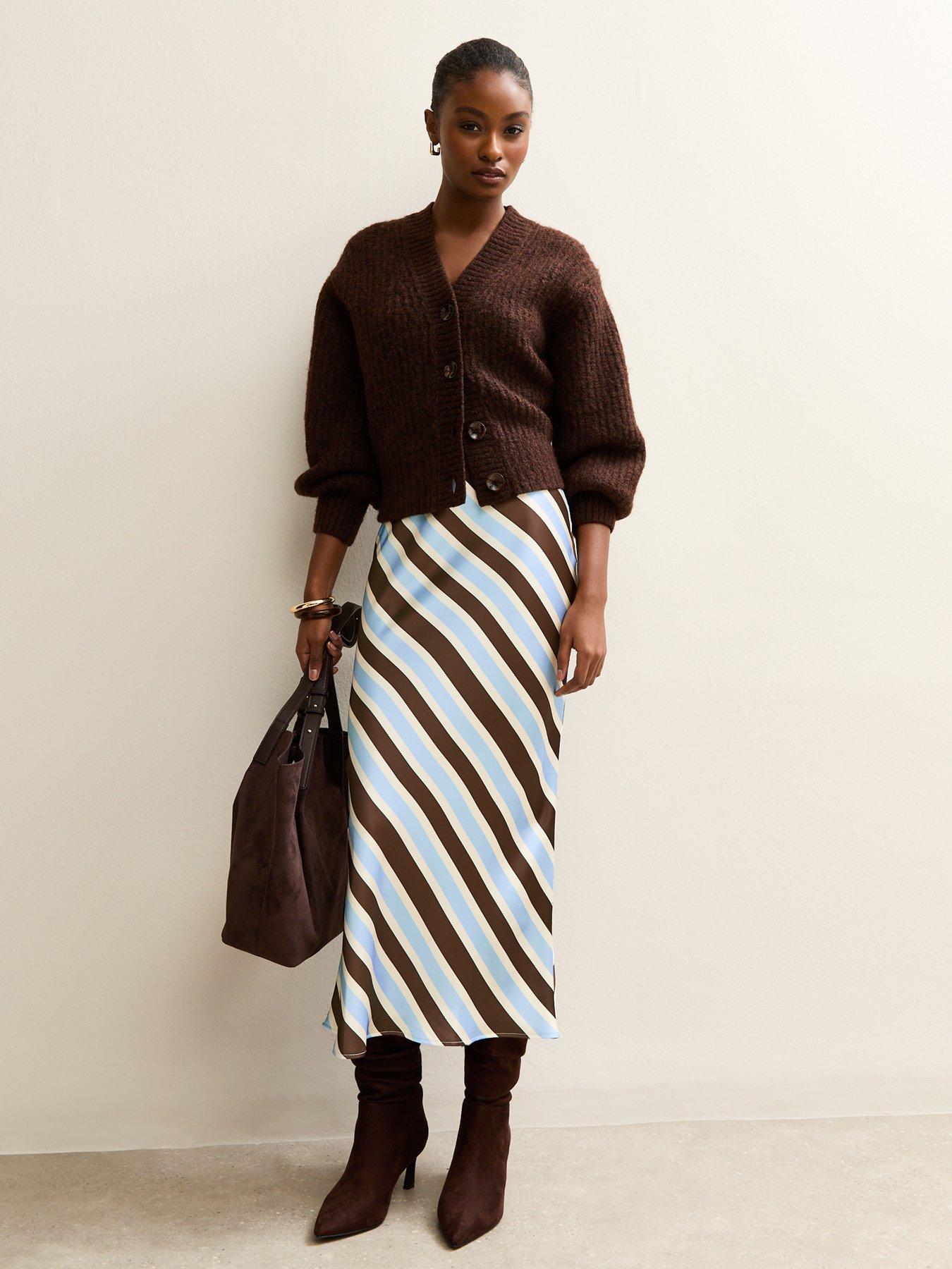 Image 3 of 5 of New Look Satin Striped Bias Cut Midi Skirt - Stripe