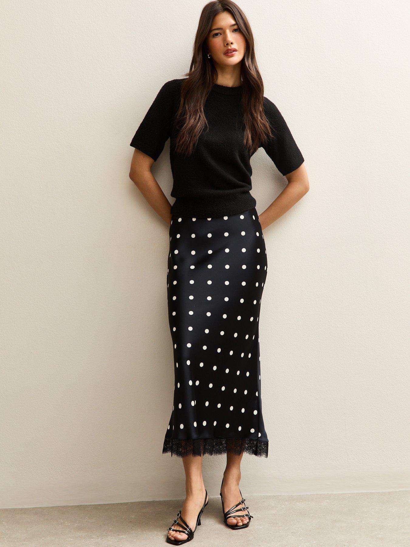 New Look Satin Polka Dot Lace Trim Midi Skirt - Black