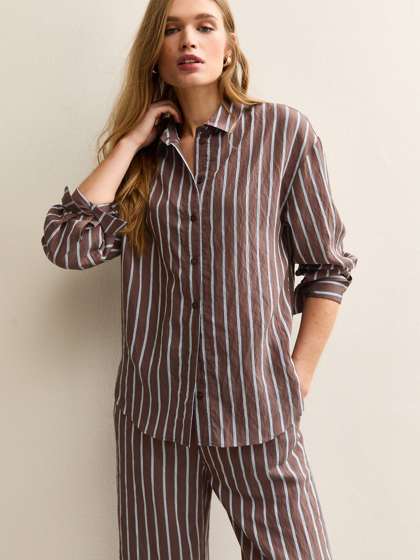 new-look-striped-button-up-shirt-brownfront