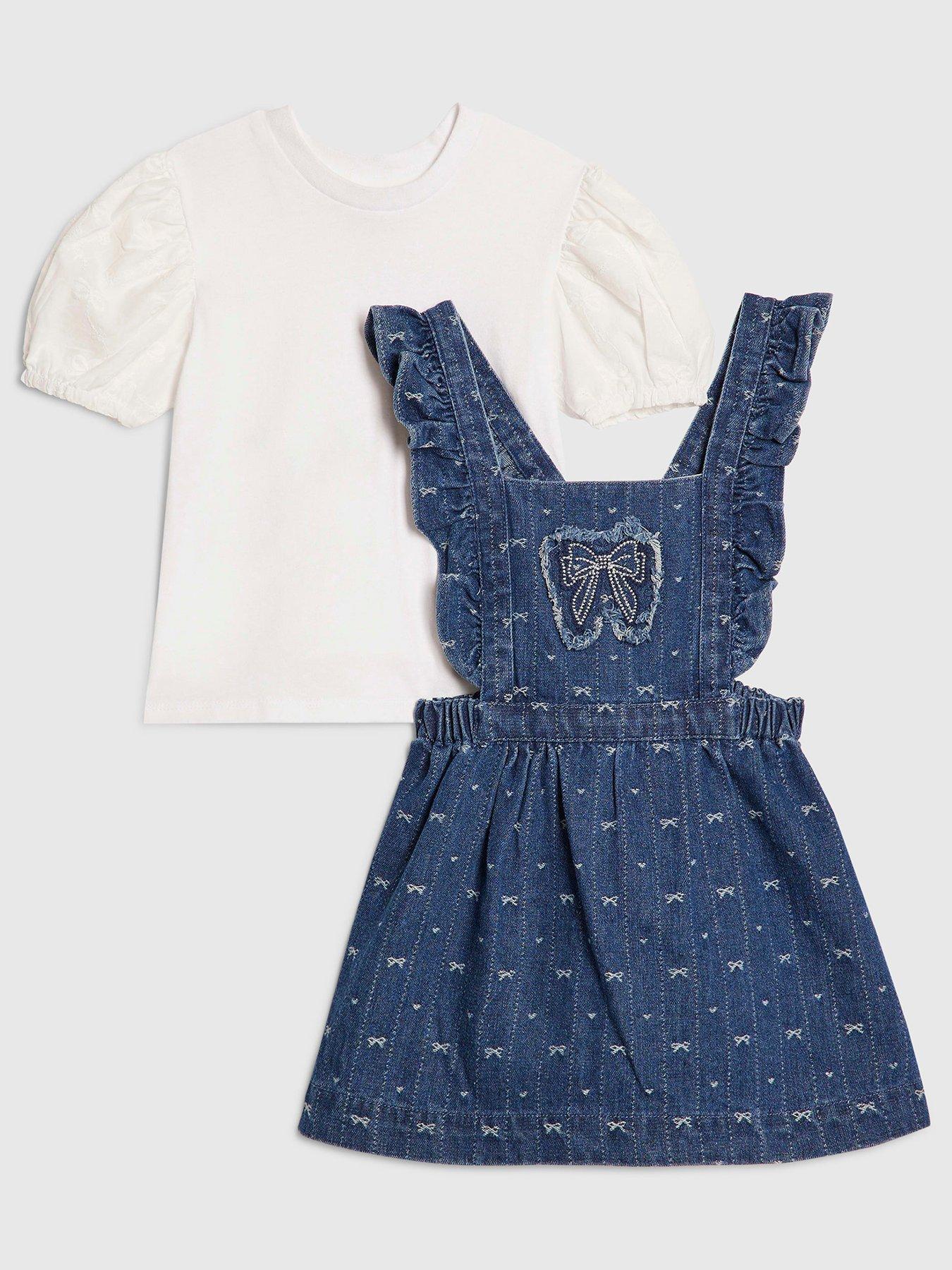 River Island Mini Girls Bow Pinafore Shirt Dress - Blue