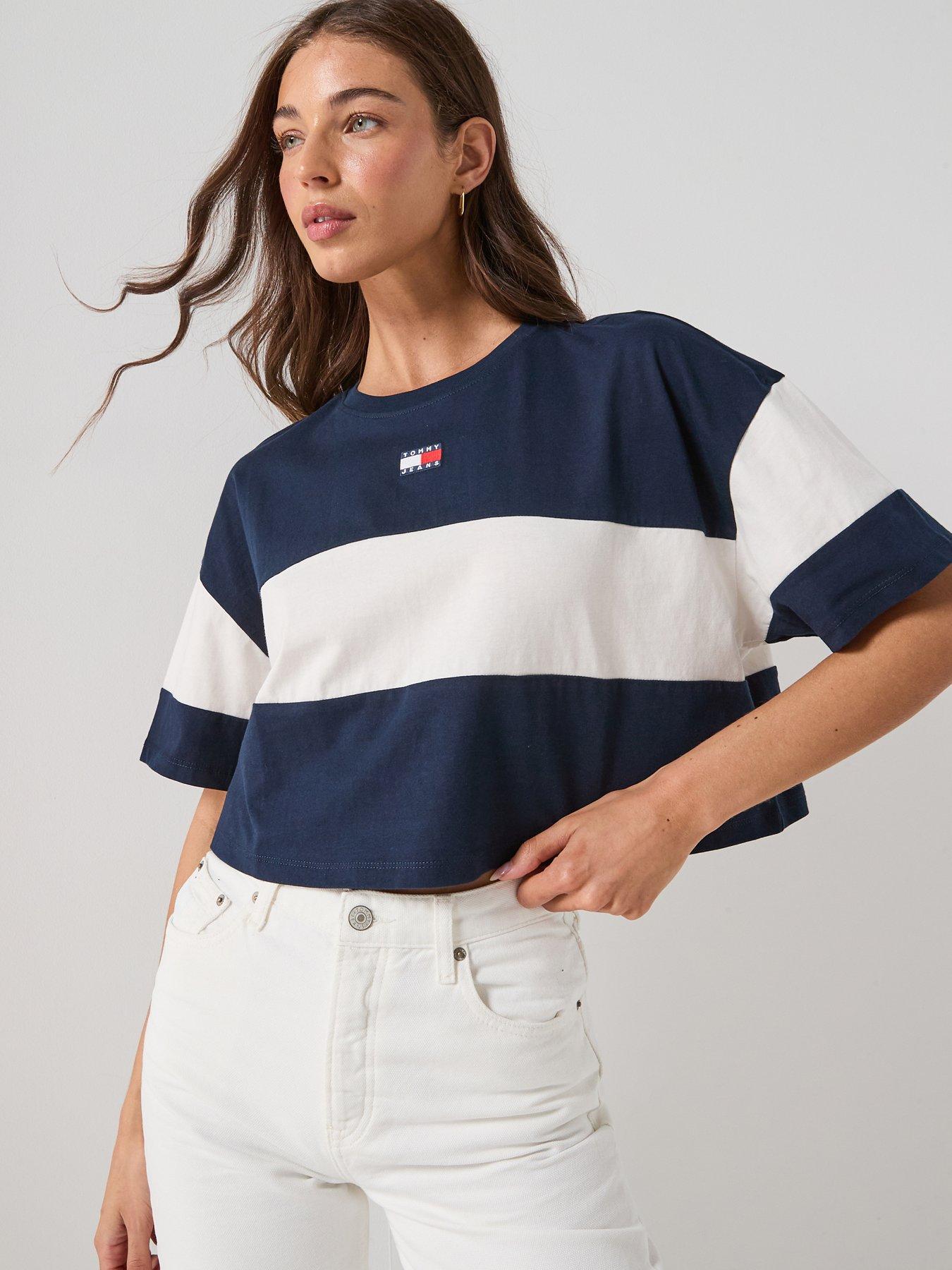 Image 1 of 5 of Tommy Jeans Striped Badge Half Sleeve Top - Navy