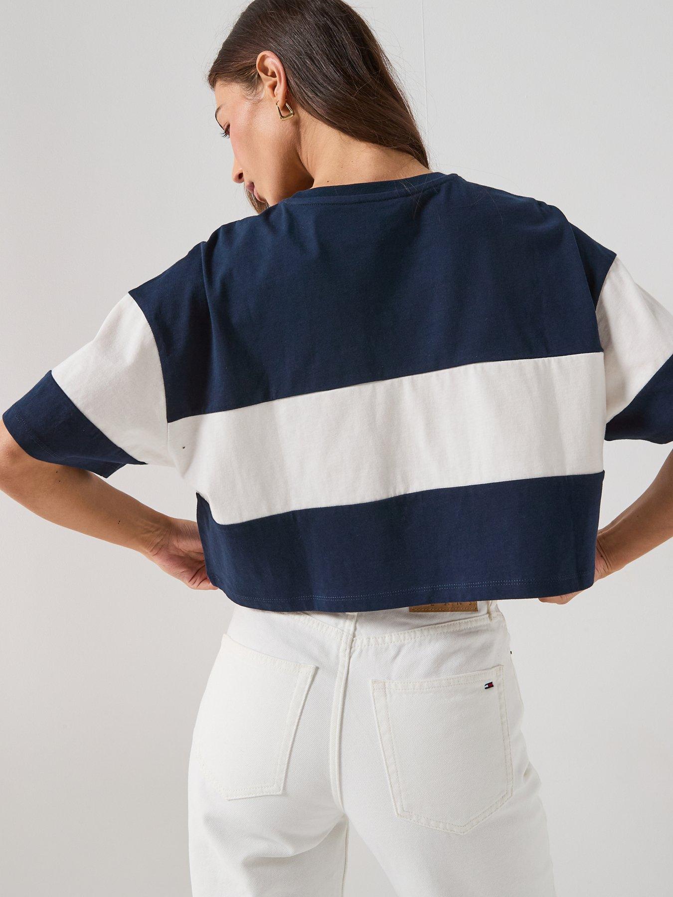 Image 2 of 5 of Tommy Jeans Striped Badge Half Sleeve Top - Navy