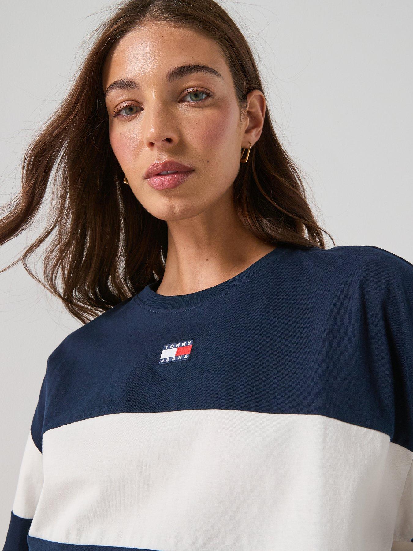 Image 4 of 5 of Tommy Jeans Striped Badge Half Sleeve Top - Navy
