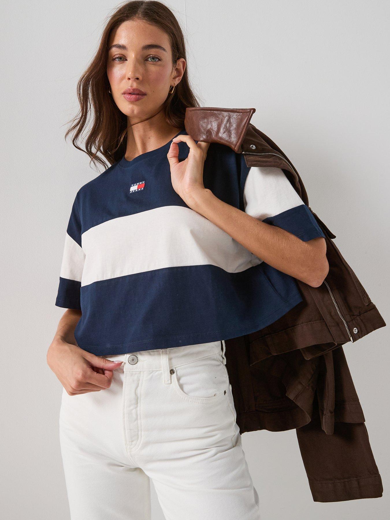 Image 5 of 5 of Tommy Jeans Striped Badge Half Sleeve Top - Navy