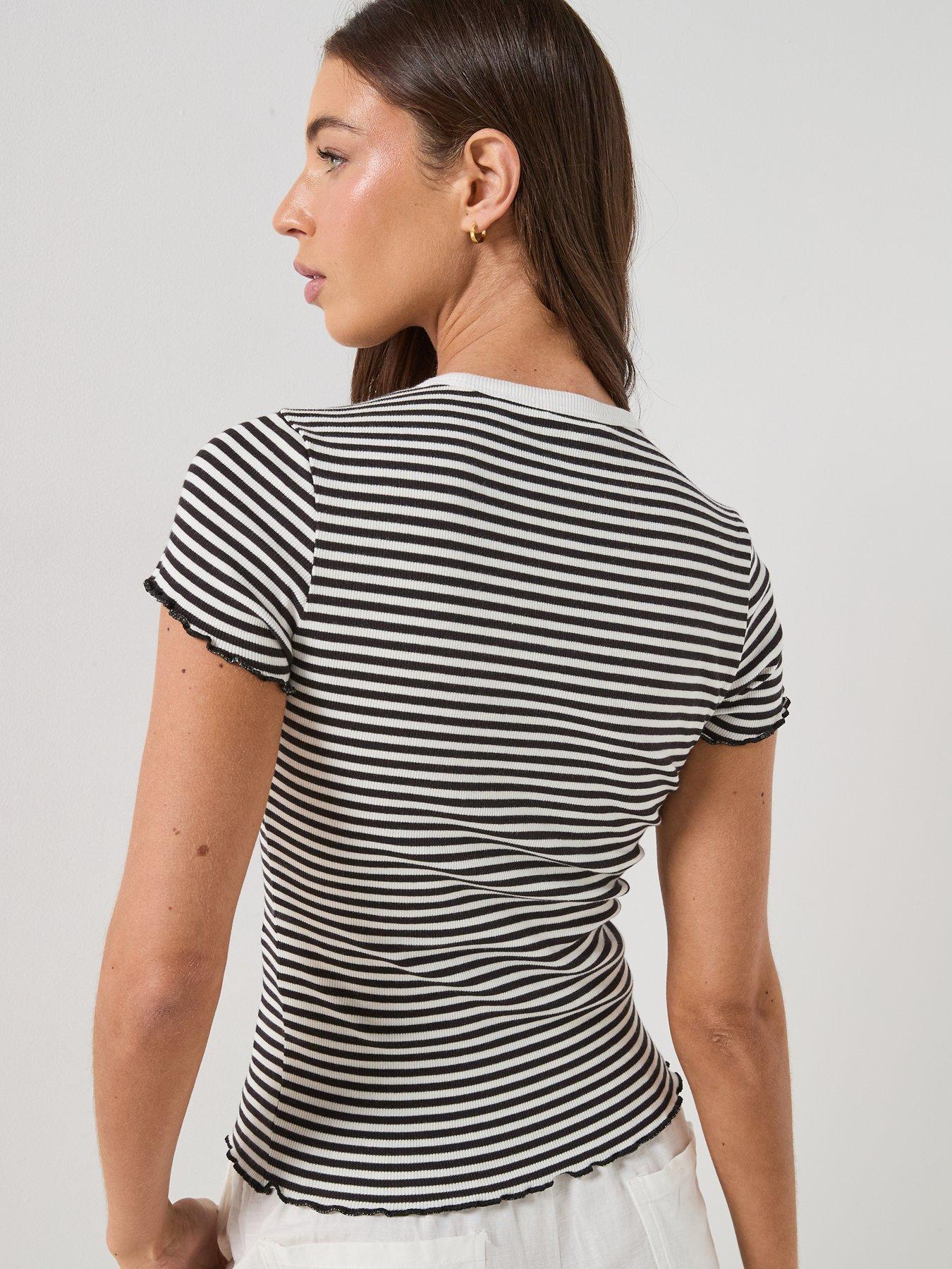 Image 2 of 6 of Tommy Jeans Short Sleeve Lettuce Edge Rib Top - Black Stripe