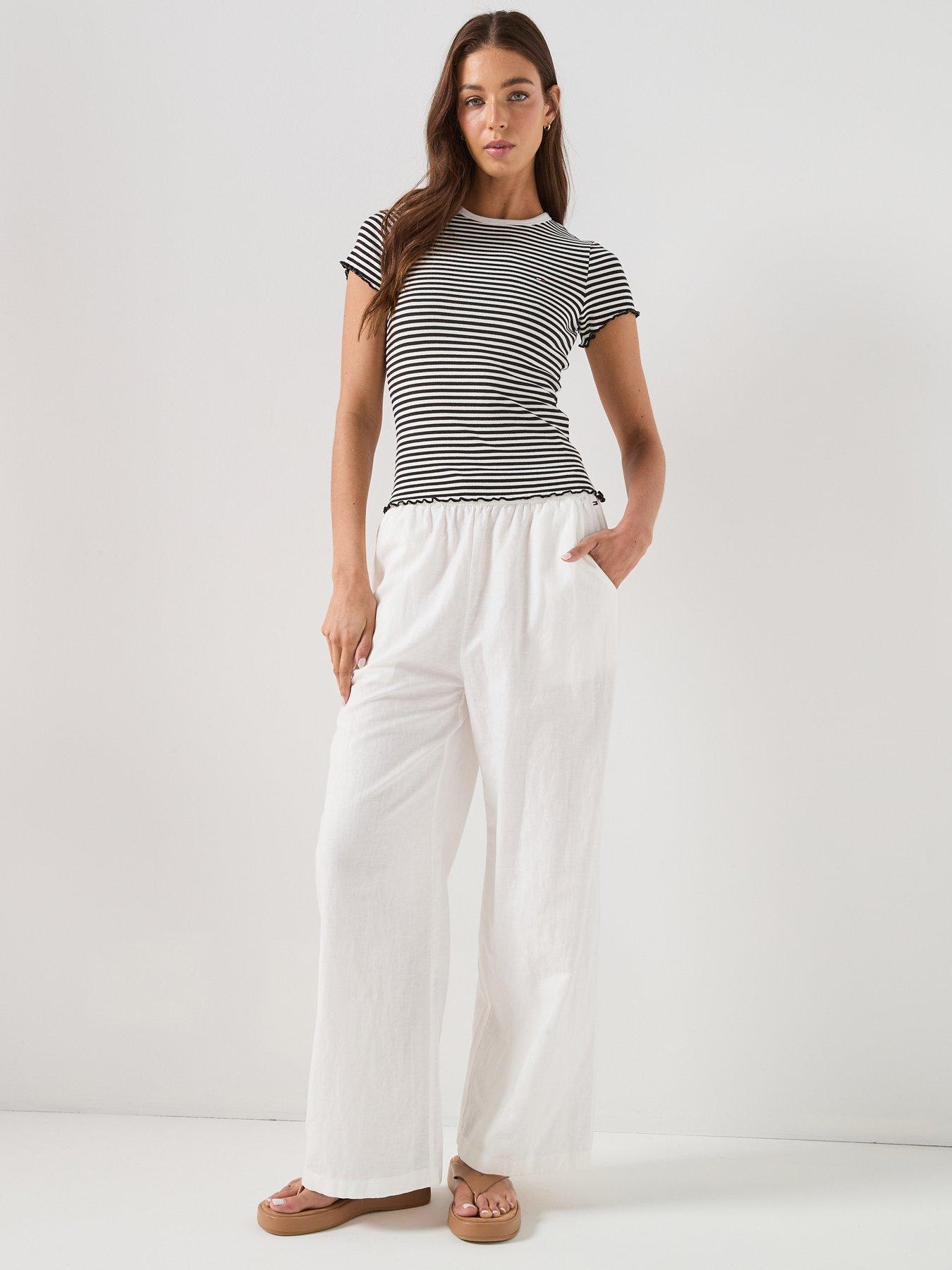 Image 3 of 6 of Tommy Jeans Short Sleeve Lettuce Edge Rib Top - Black Stripe