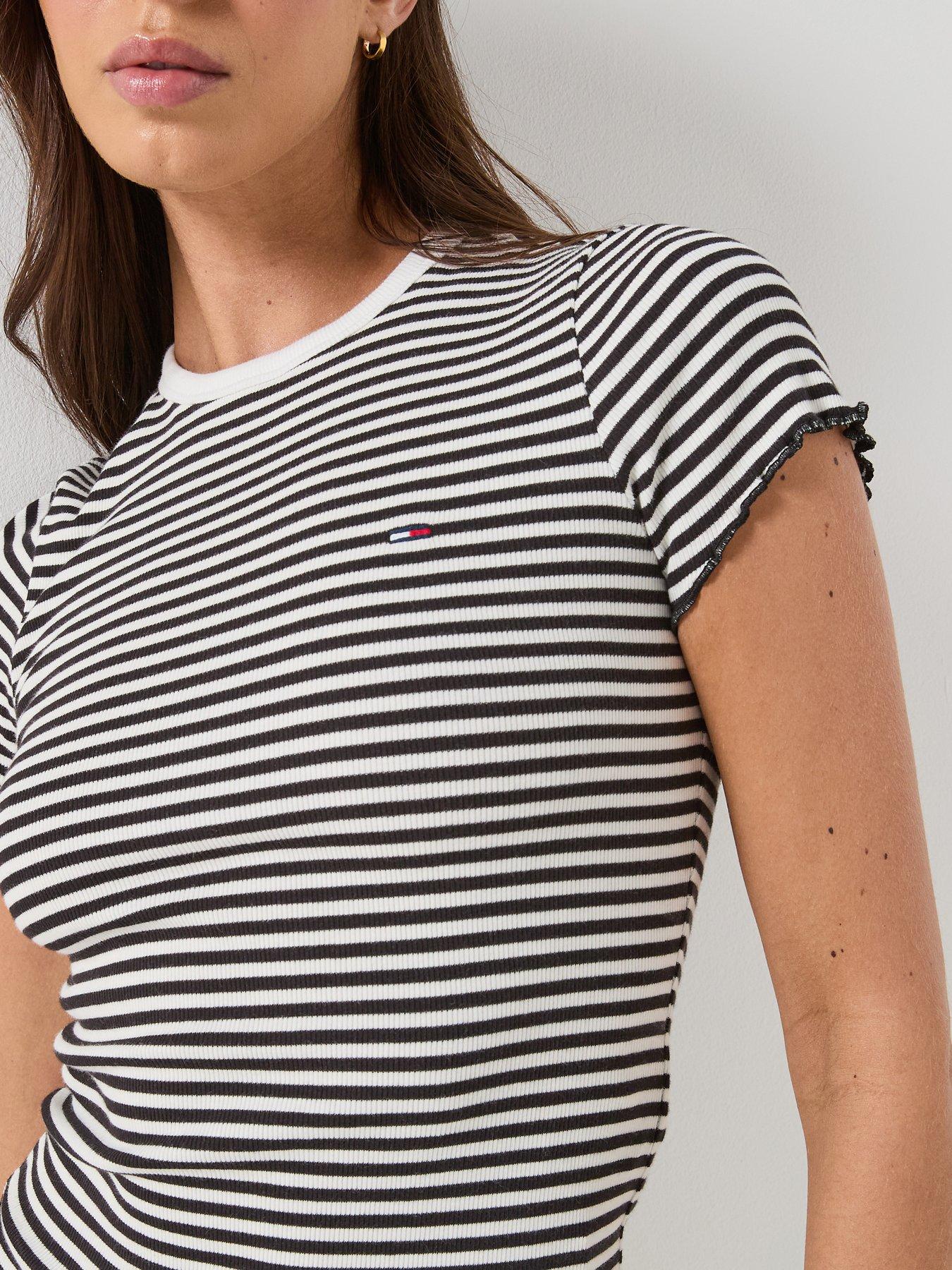 Image 4 of 6 of Tommy Jeans Short Sleeve Lettuce Edge Rib Top - Black Stripe
