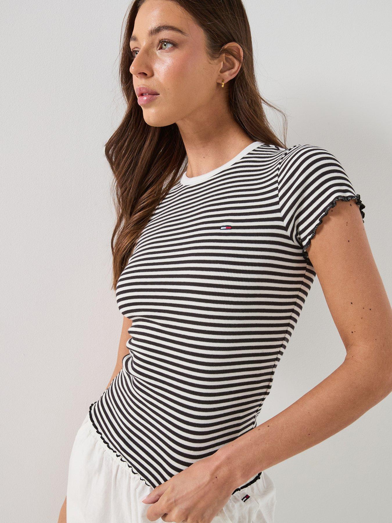 Image 5 of 6 of Tommy Jeans Short Sleeve Lettuce Edge Rib Top - Black Stripe