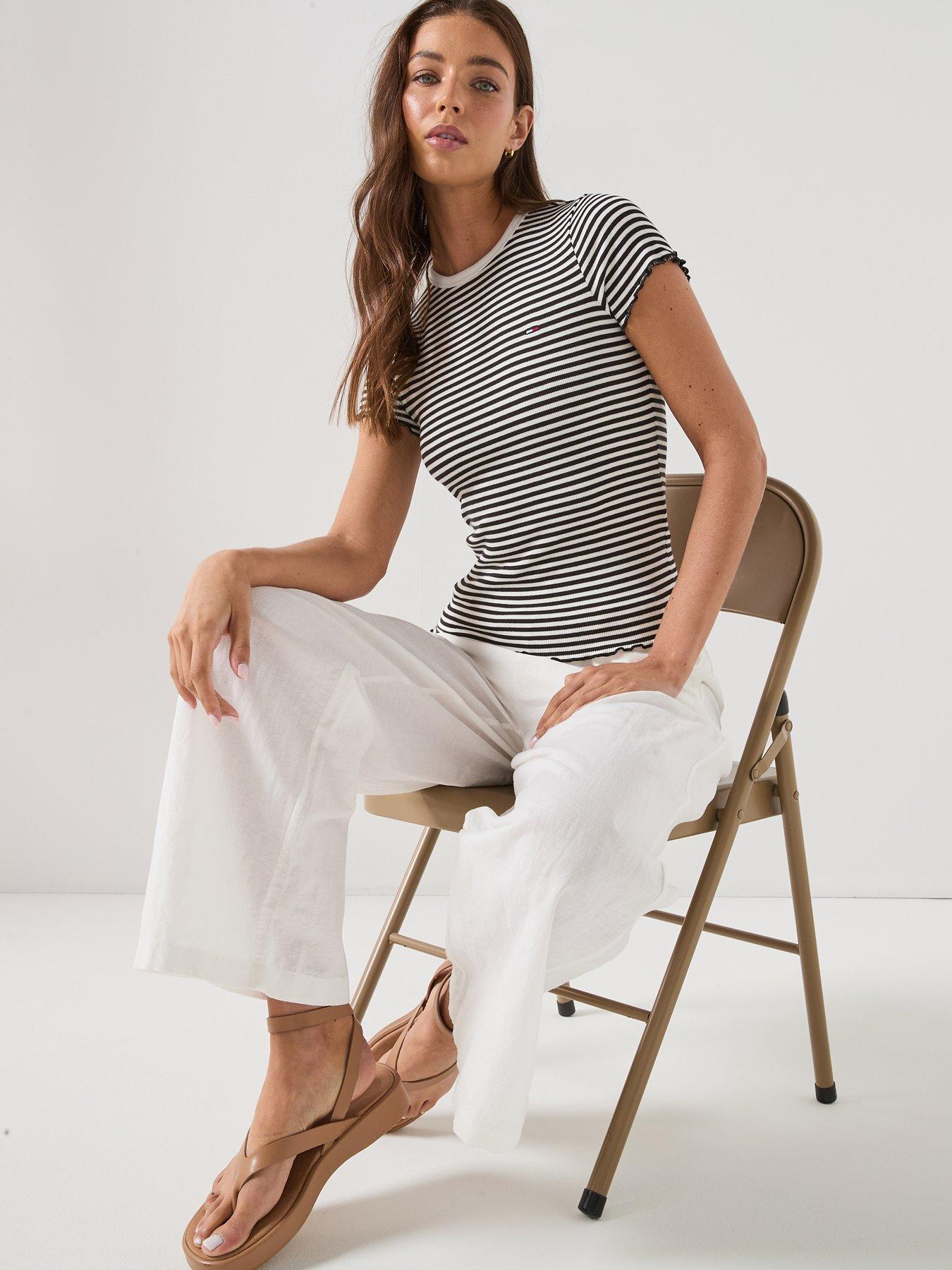 Image 6 of 6 of Tommy Jeans Short Sleeve Lettuce Edge Rib Top - Black Stripe