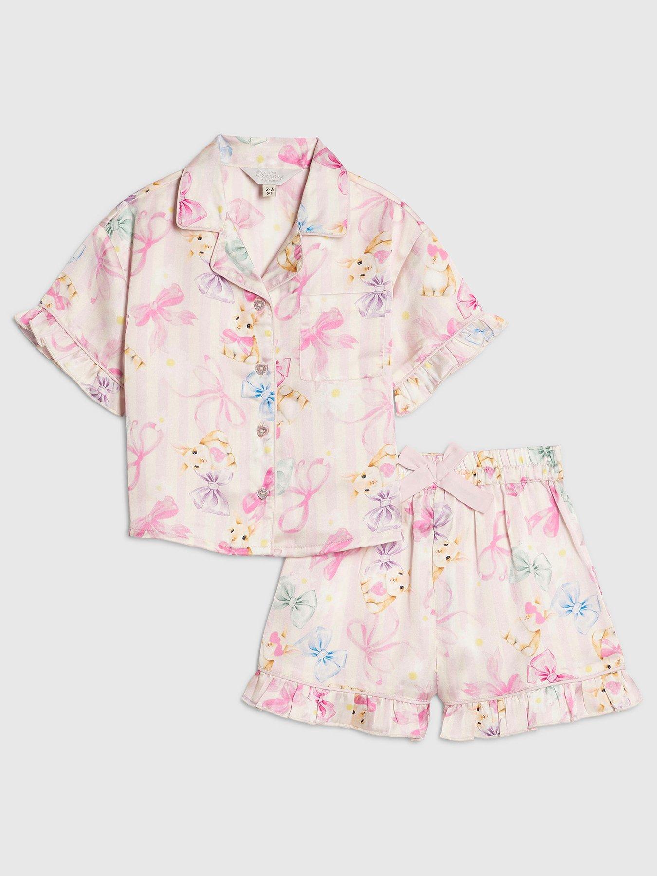 River Island Mini Girls Bunny Stripe Satin Bow Pyjamas - Pink