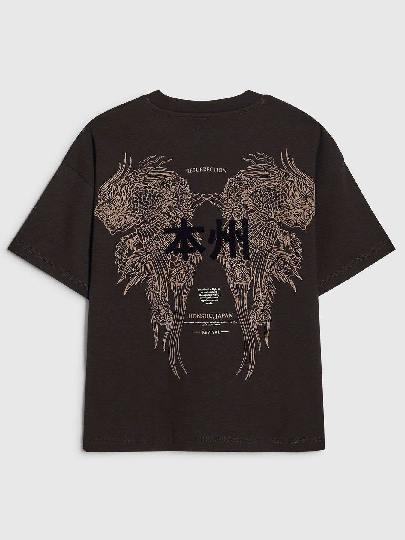 Image 1 of 4 of River Island Older Boys Dragon Japanese Back Print T-Shirt - Black