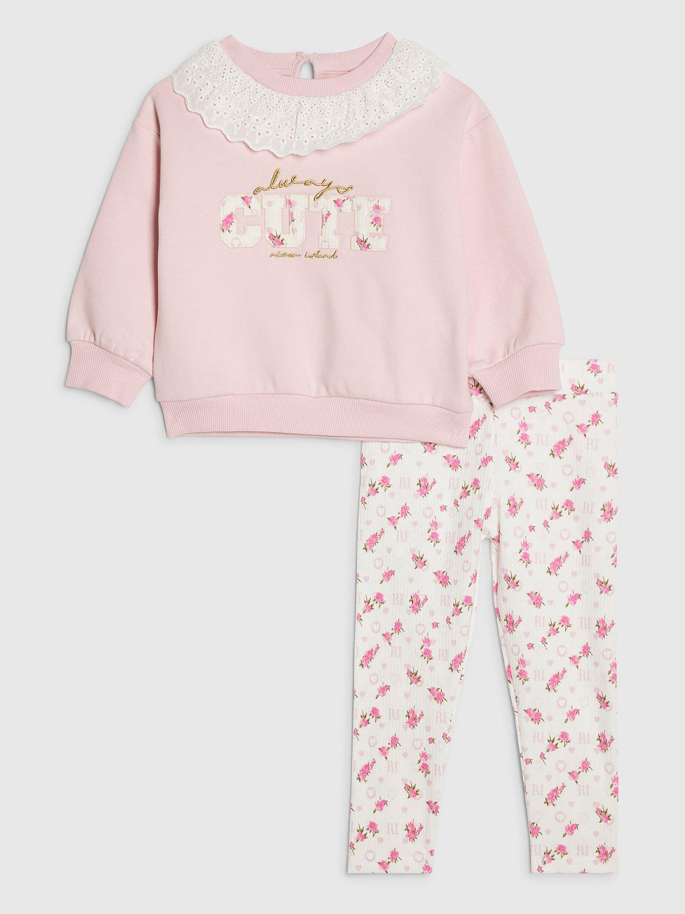 Image 1 of 5 of River Island Mini Girls Cute Collared Sweatshirt Set - Pink