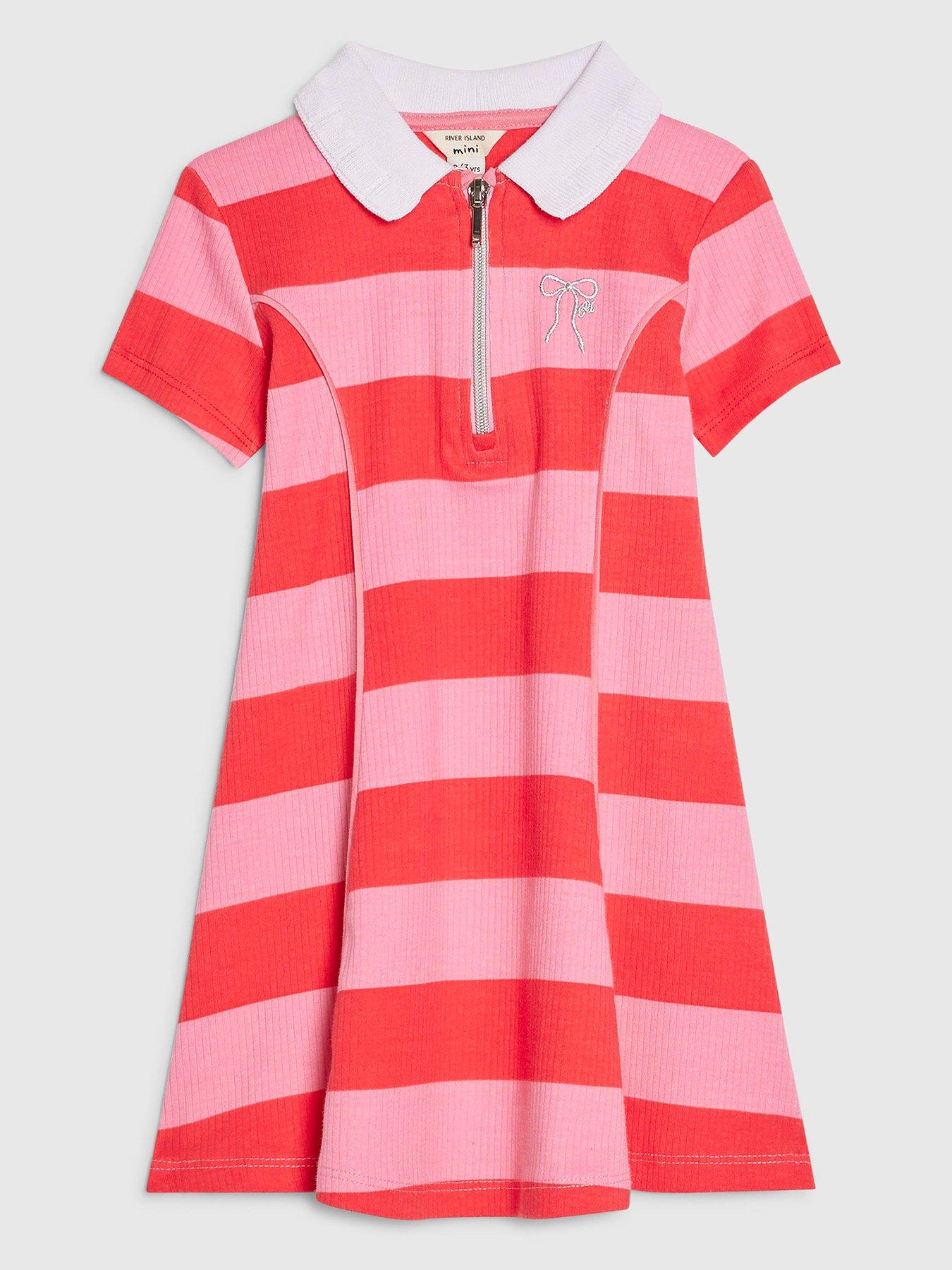 Image 1 of 4 of River Island Mini Girls Stripe Bow Polo Dress - Pink