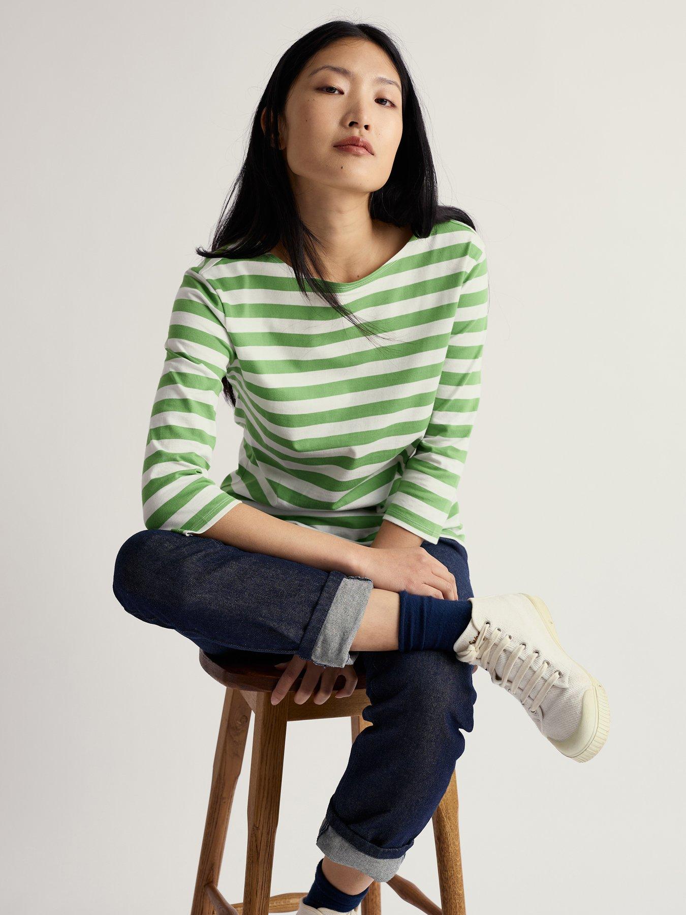 Seasalt Cornwall Sailor Cotton Jersey 3/4 Length Sleeve Top - White/Green