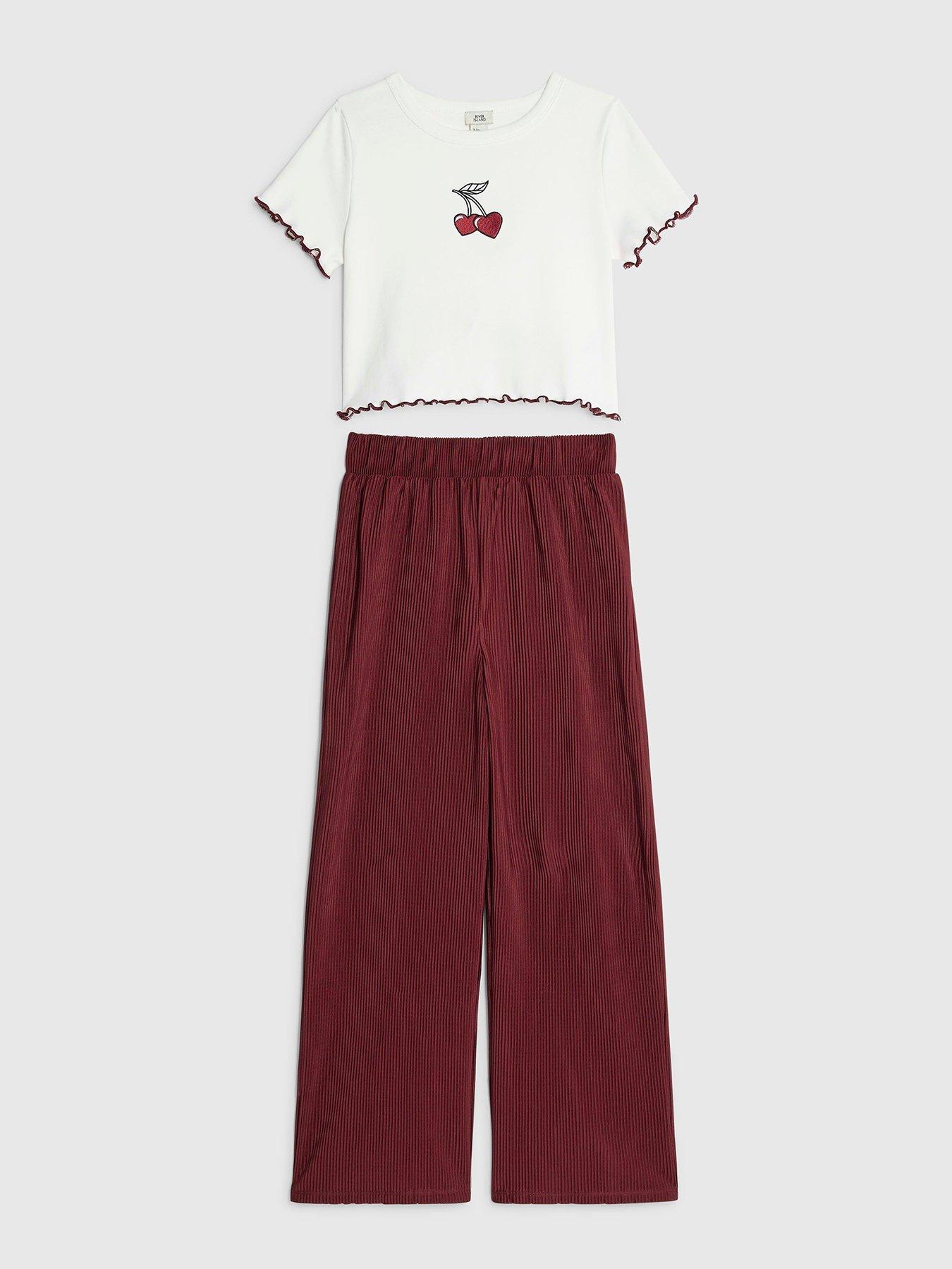 River Island Older Girls Cherry T-Shirt and Trousers Set - Dark Red