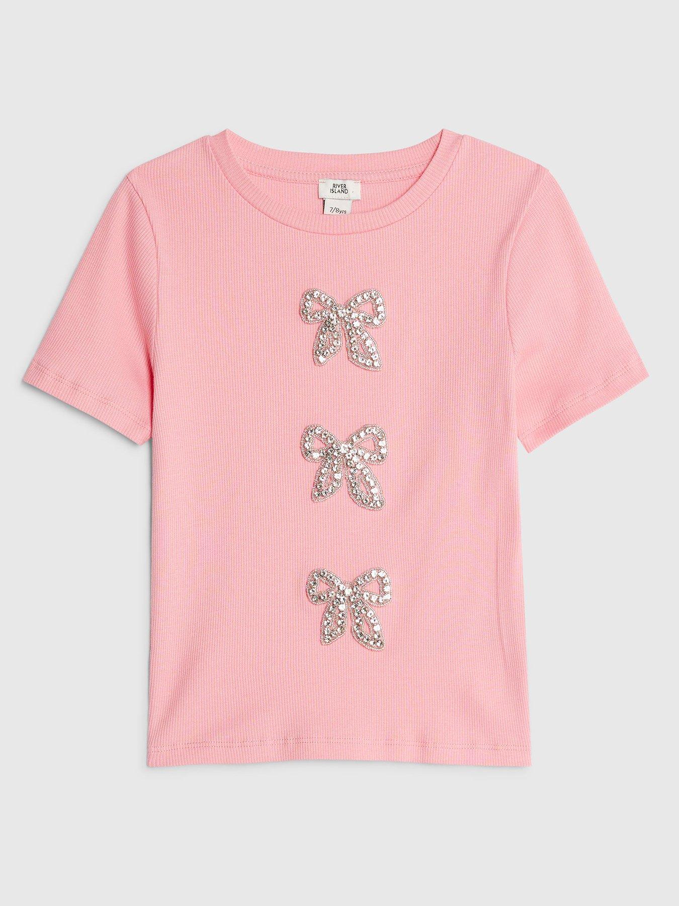 River Island Older Girls Ribbed Diamante Bow T-Shirt - Pink