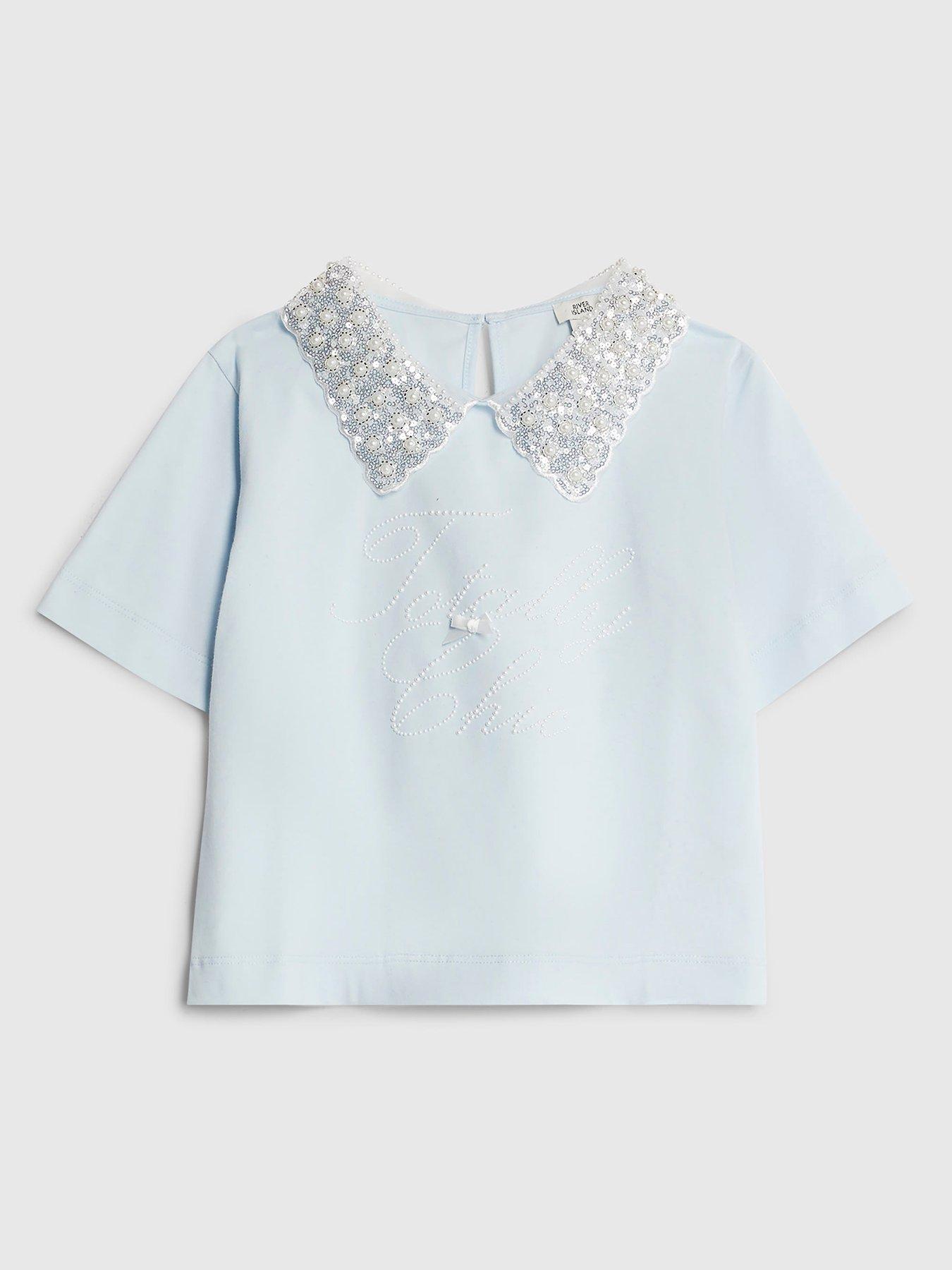 River Island Older Girls Pearl Bow Collar T-Shirt - Blue