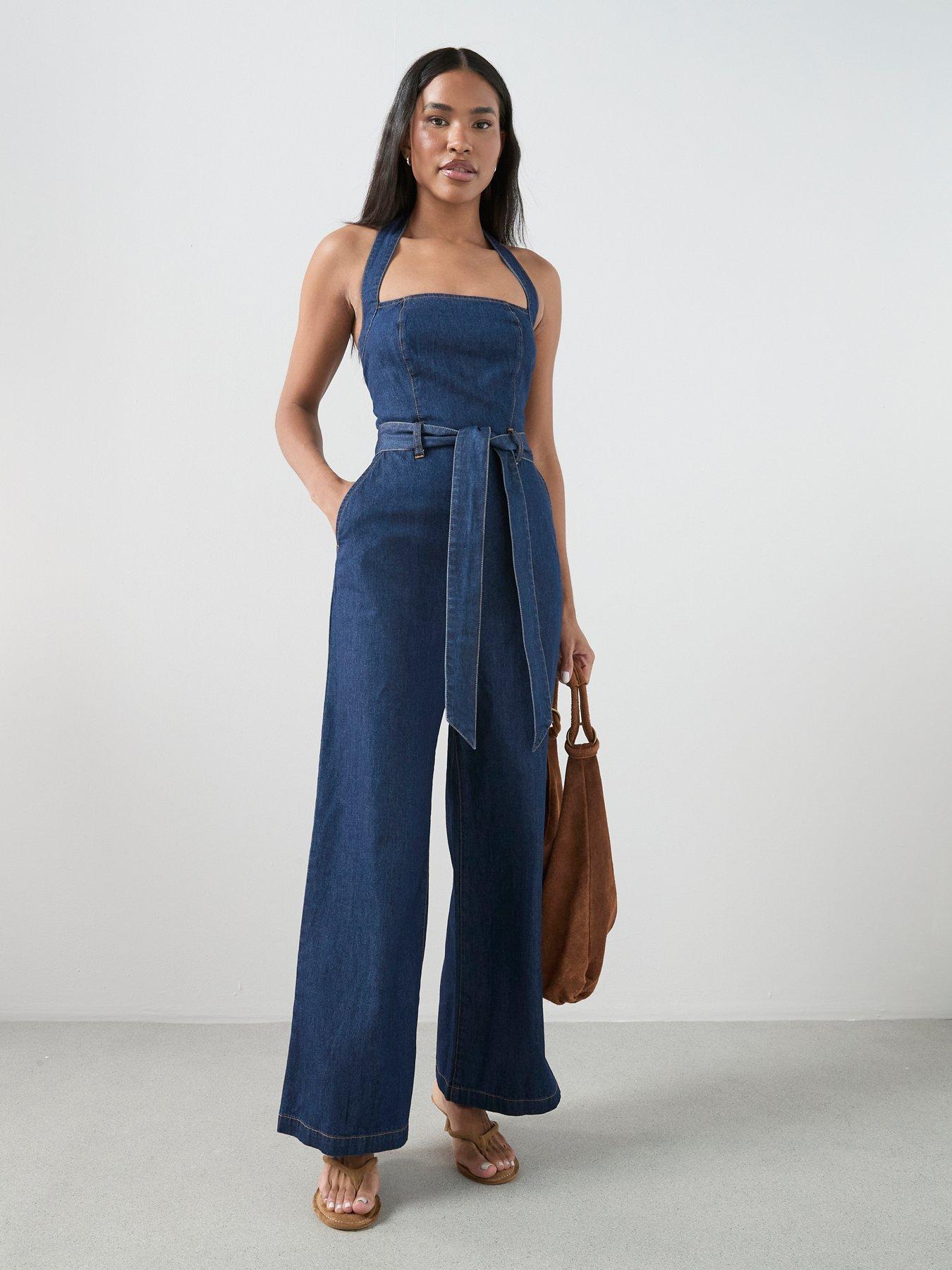 The Very Collection Denim Halter Jumpsuit - Dark Wash