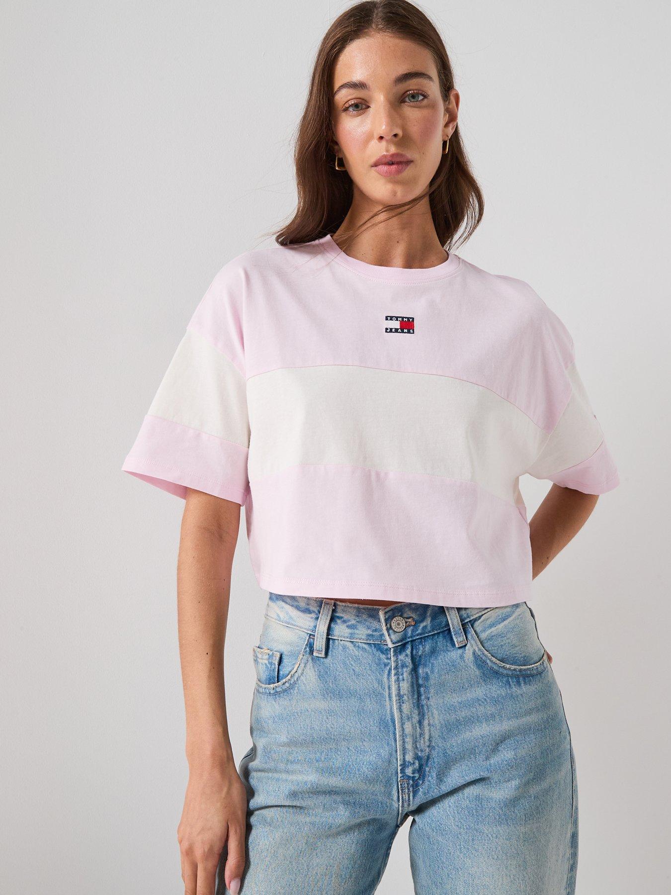 Tommy Jeans Striped Badge Half Sleeve Top - Pink