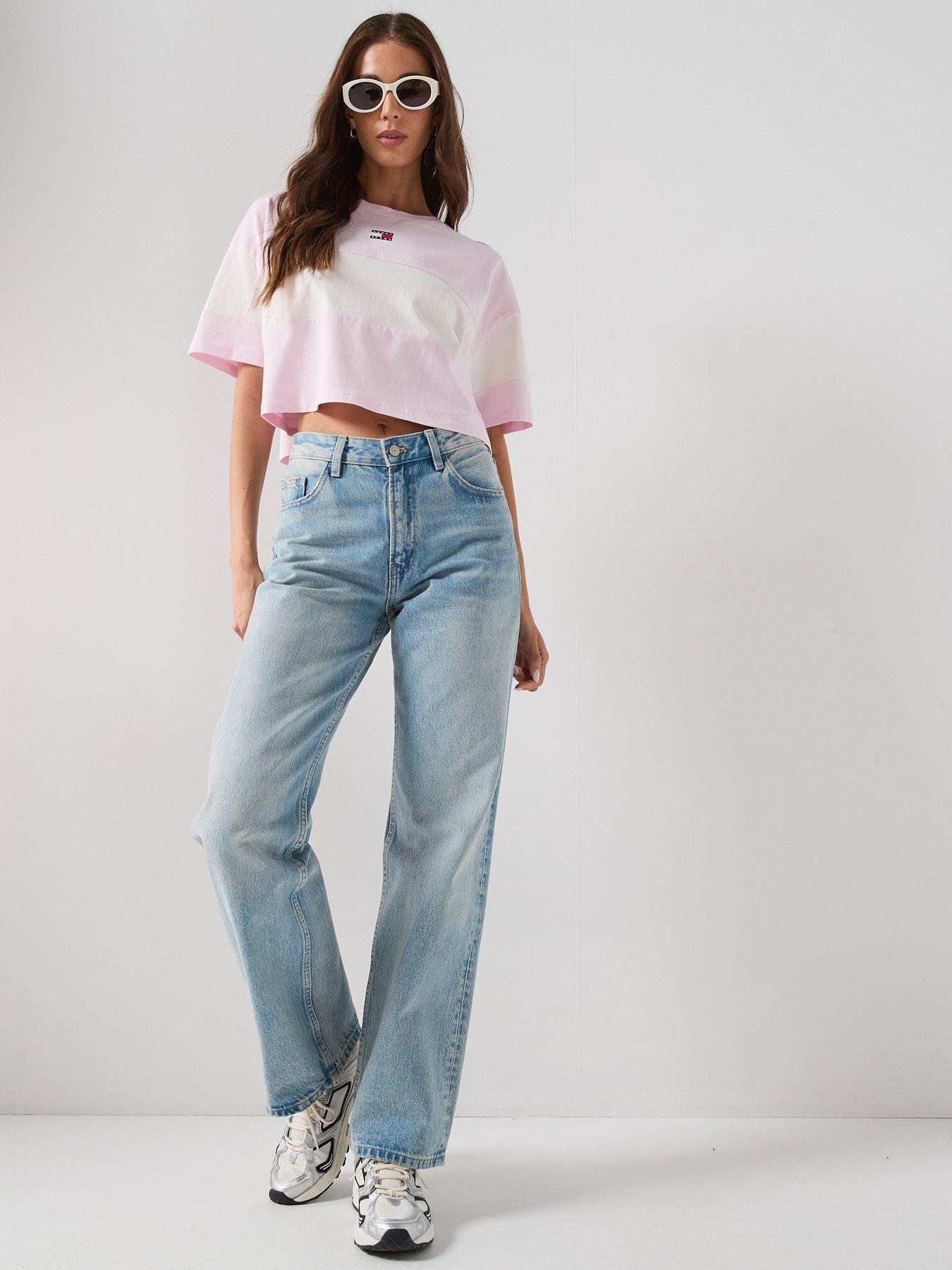 Image 3 of 5 of Tommy Jeans Striped Badge Half Sleeve Top - Pink