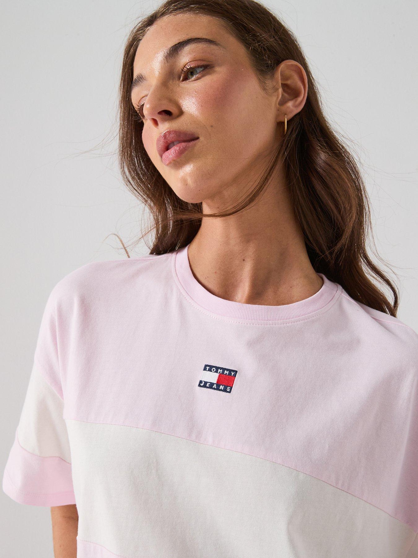 Image 4 of 5 of Tommy Jeans Striped Badge Half Sleeve Top - Pink