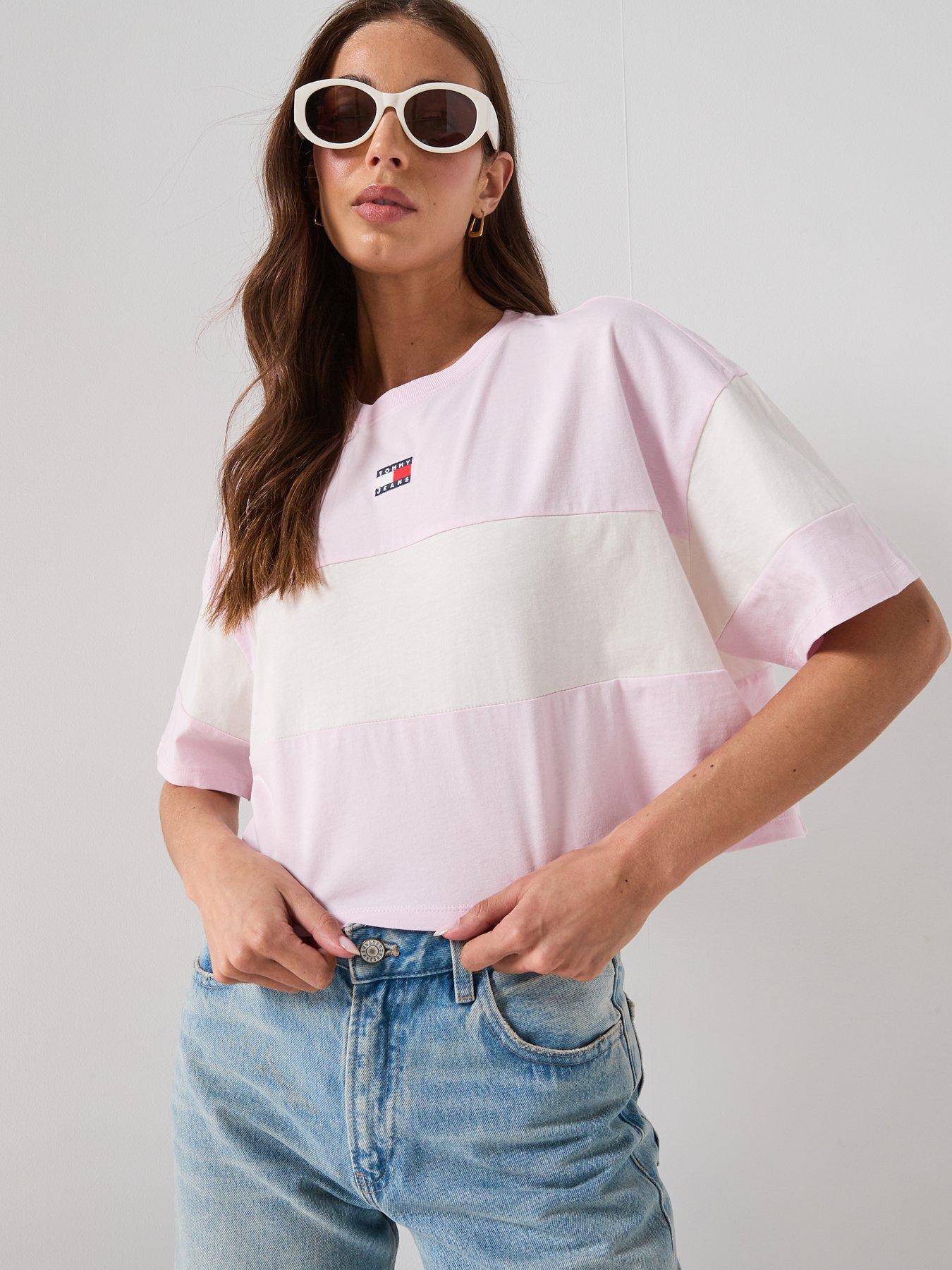 Image 5 of 5 of Tommy Jeans Striped Badge Half Sleeve Top - Pink