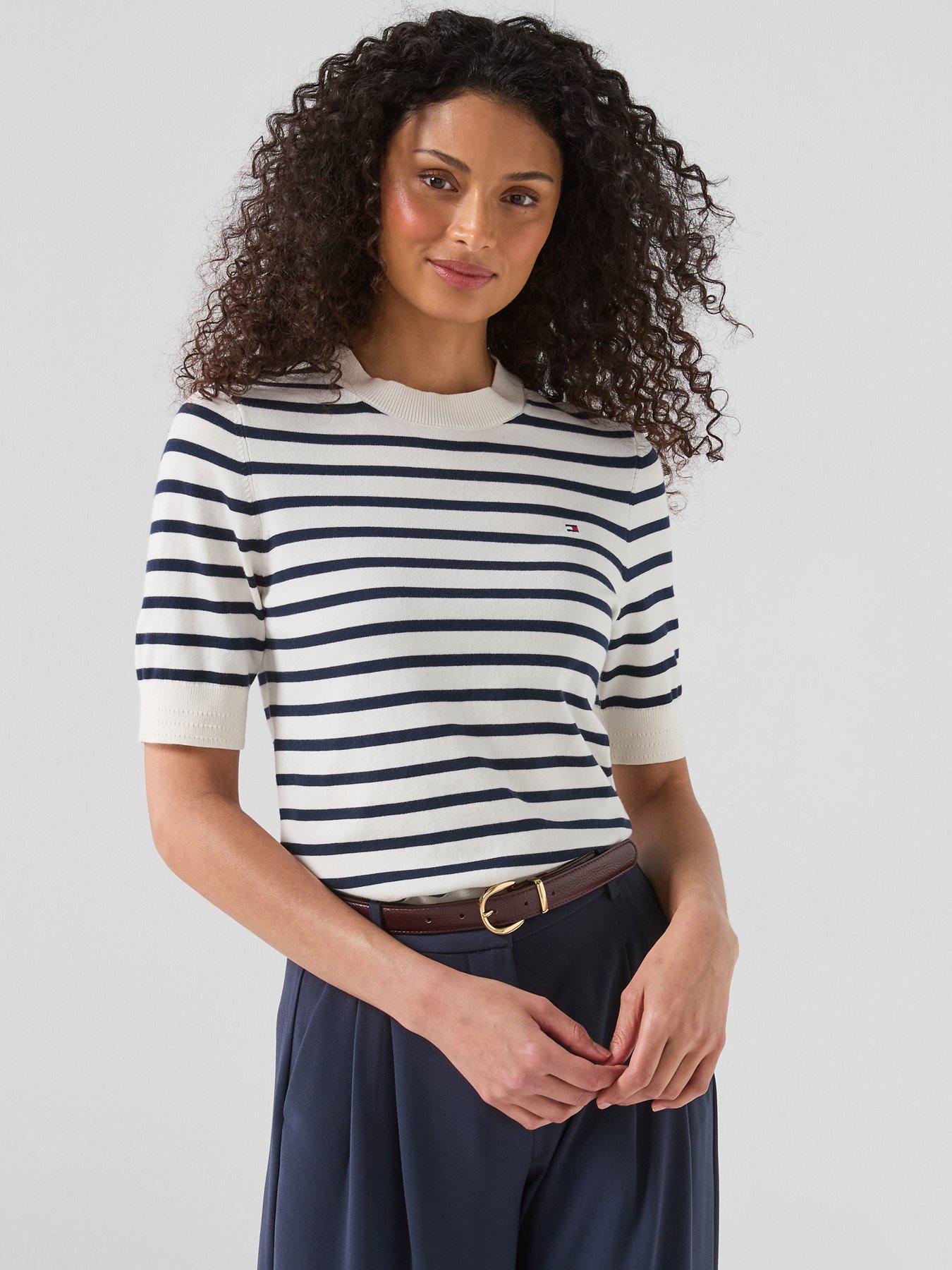 Image 1 of 6 of Tommy Hilfiger Short Sleeve Stripe Jumper - White