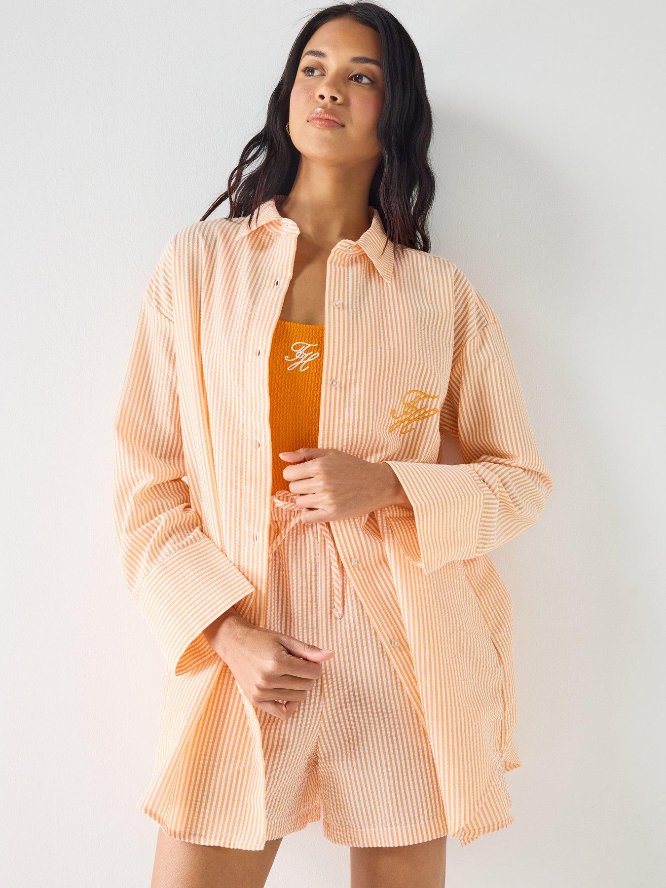 Tommy Hilfiger Seersucker Striped Long Co Ord Shirt - Orange