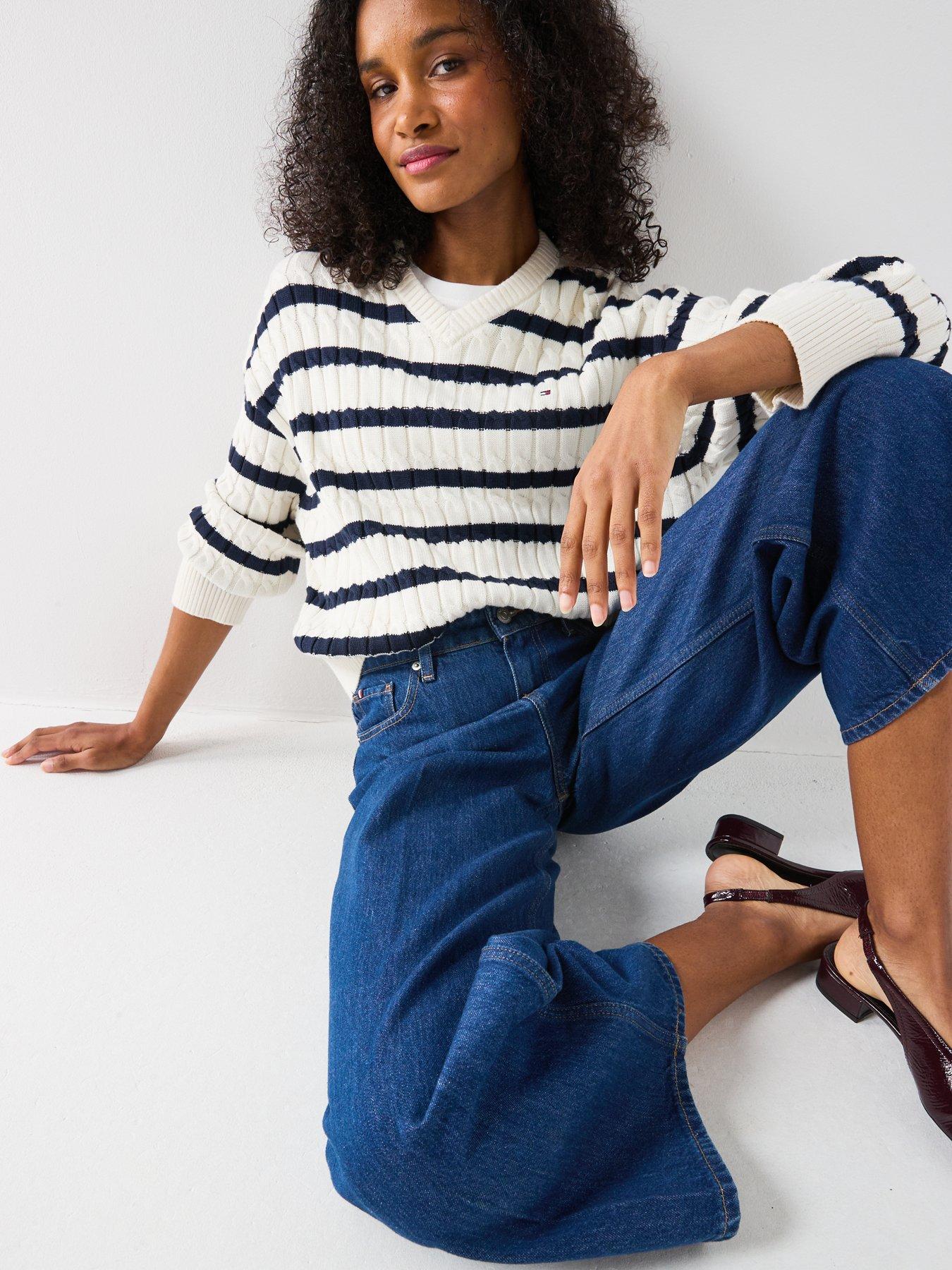 Tommy Hilfiger Relaxed Fit Cable Knit Striped Jumper - White