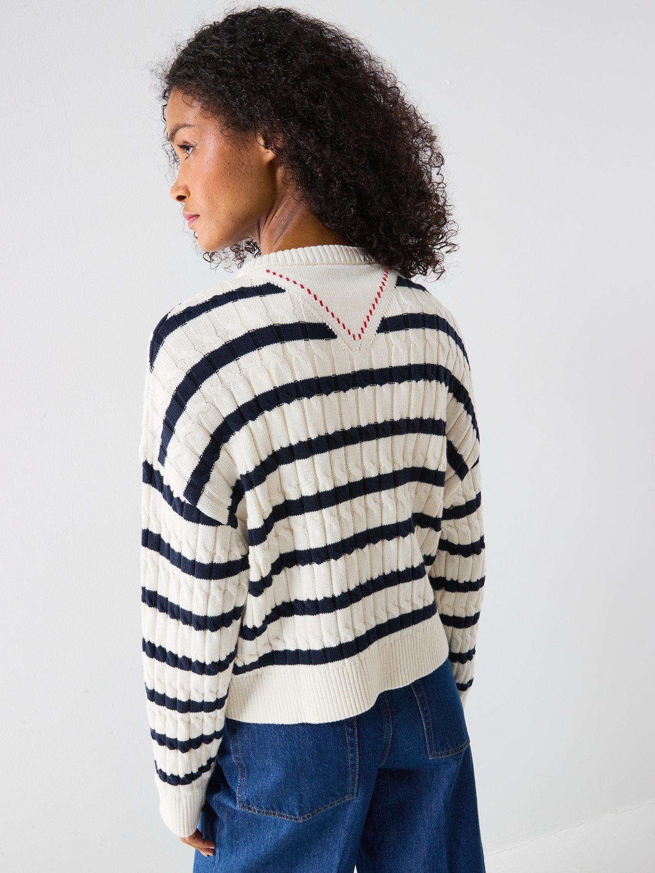 Image 2 of 6 of Tommy Hilfiger Relaxed Fit Cable Knit Striped Jumper - White