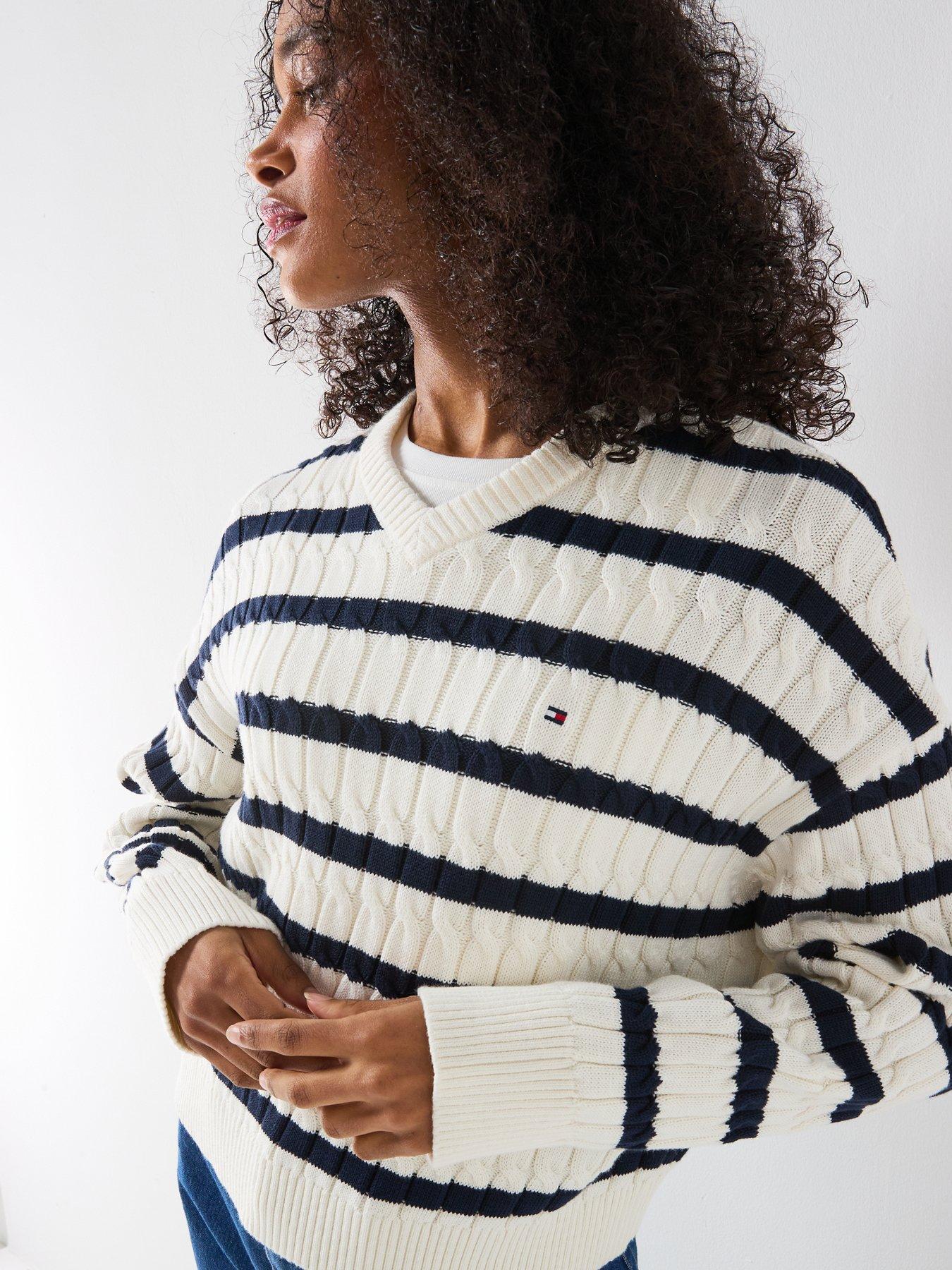 Image 5 of 6 of Tommy Hilfiger Relaxed Fit Cable Knit Striped Jumper - White