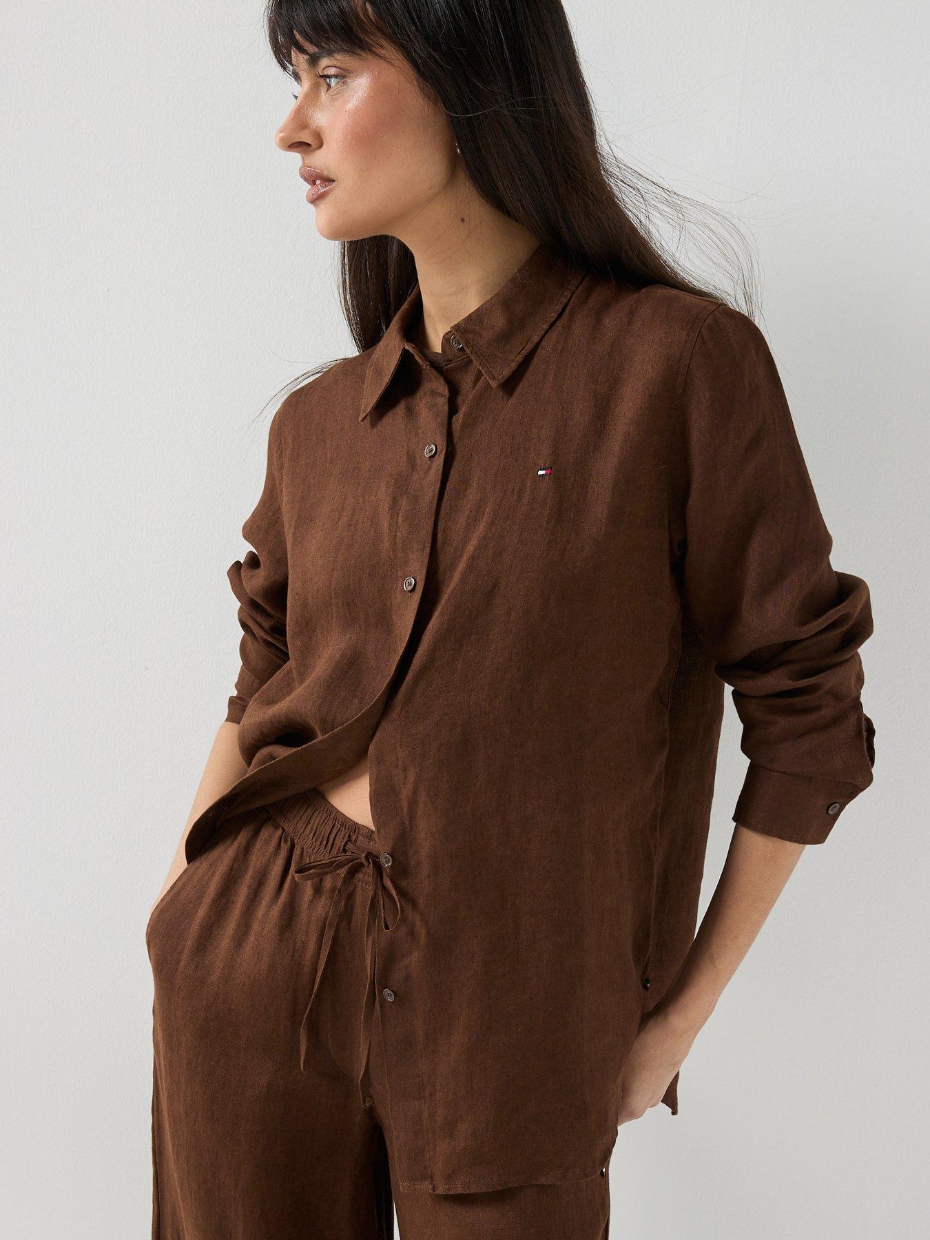 Image 1 of 6 of Tommy Hilfiger Ess Linen Relaxed Shirt - Brown
