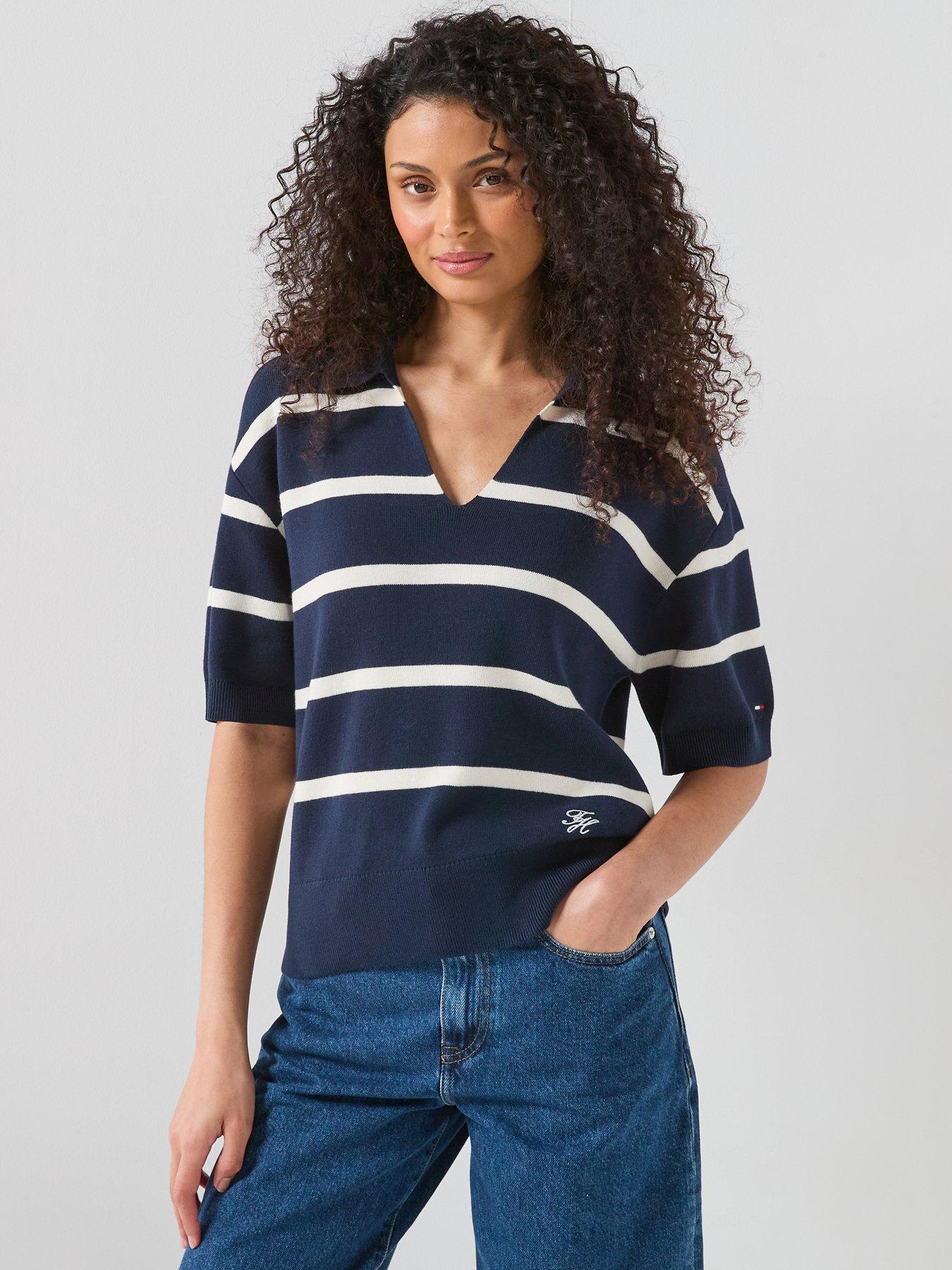 Tommy Hilfiger Relaxed Fit Premium Knit Short Sleeve Striped Jumper - Navy