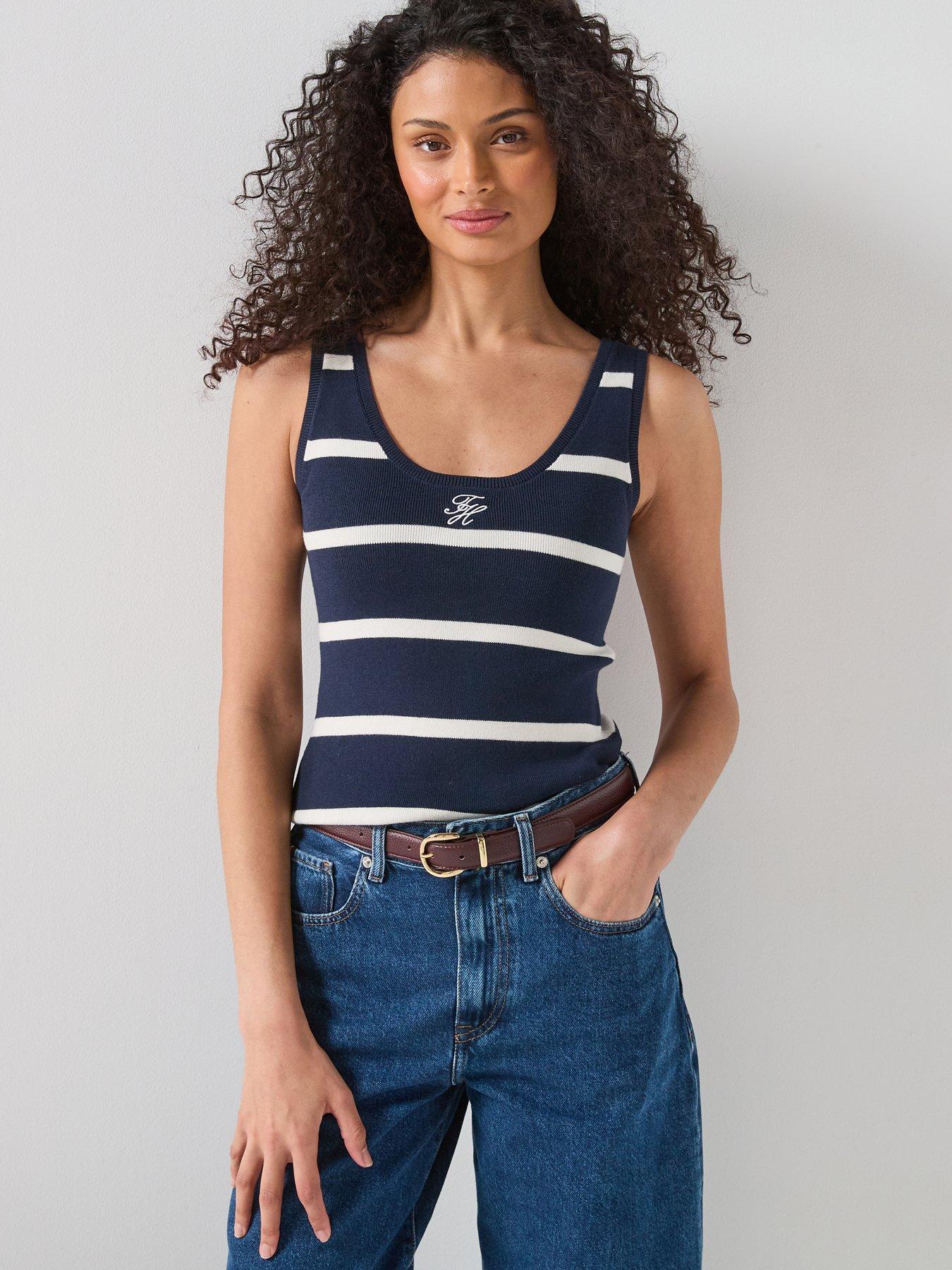 Tommy Hilfiger Slim Fit Premium Knit Striped Tank Top  - Navy
