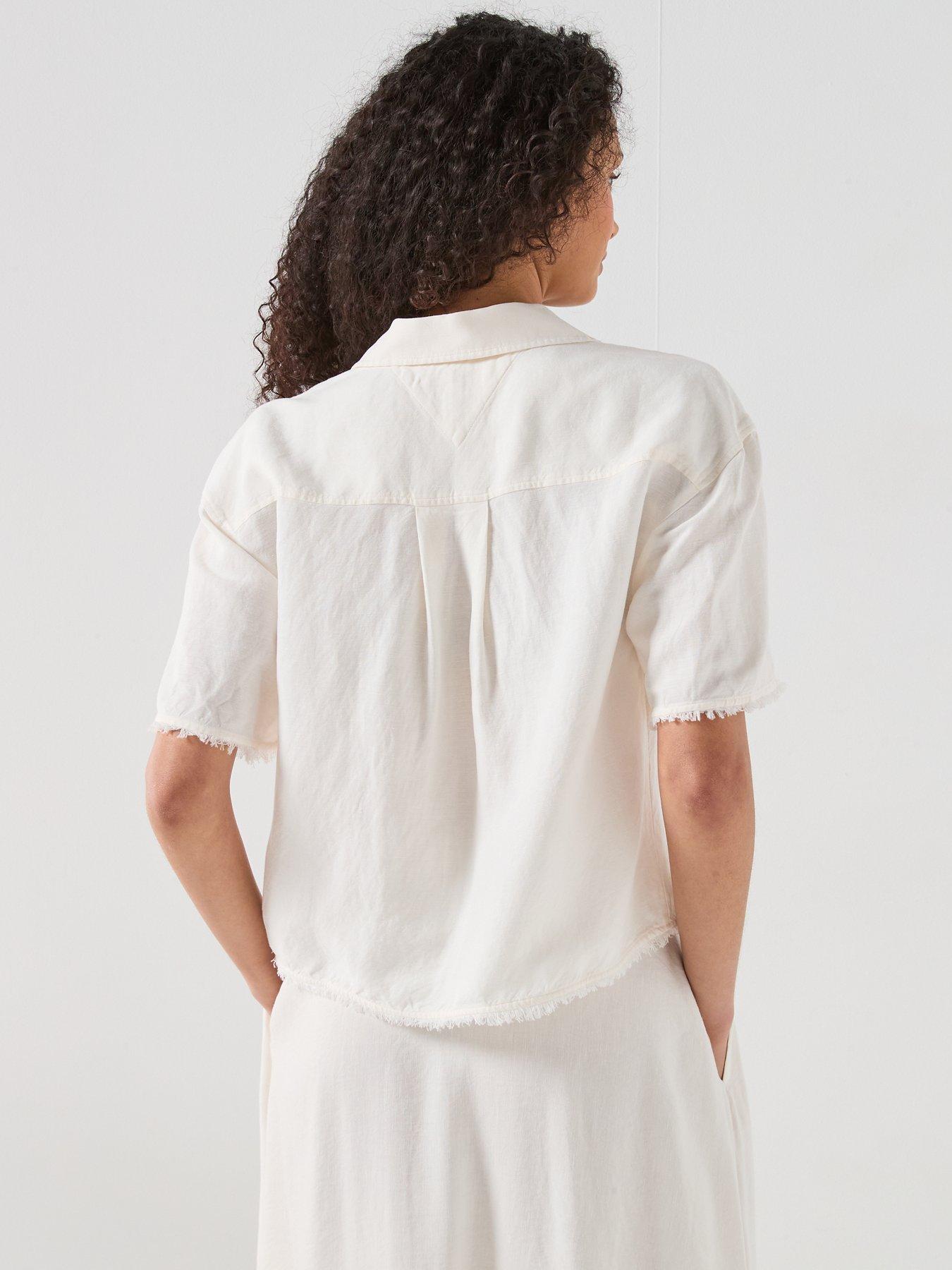 Image 2 of 6 of Tommy Hilfiger Frayed Linen Blend Shirt - White