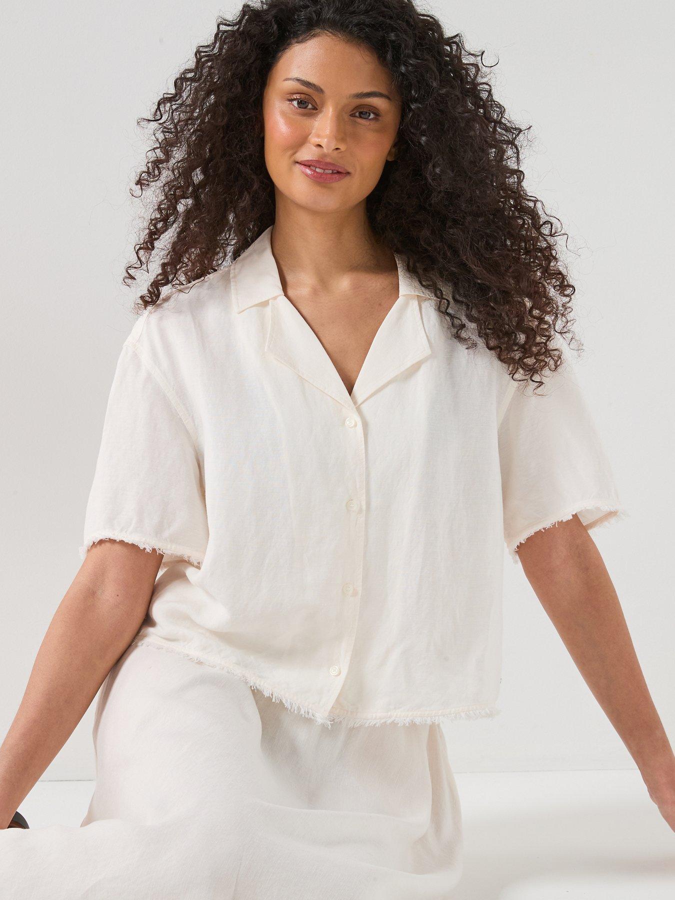 Image 4 of 6 of Tommy Hilfiger Frayed Linen Blend Shirt - White