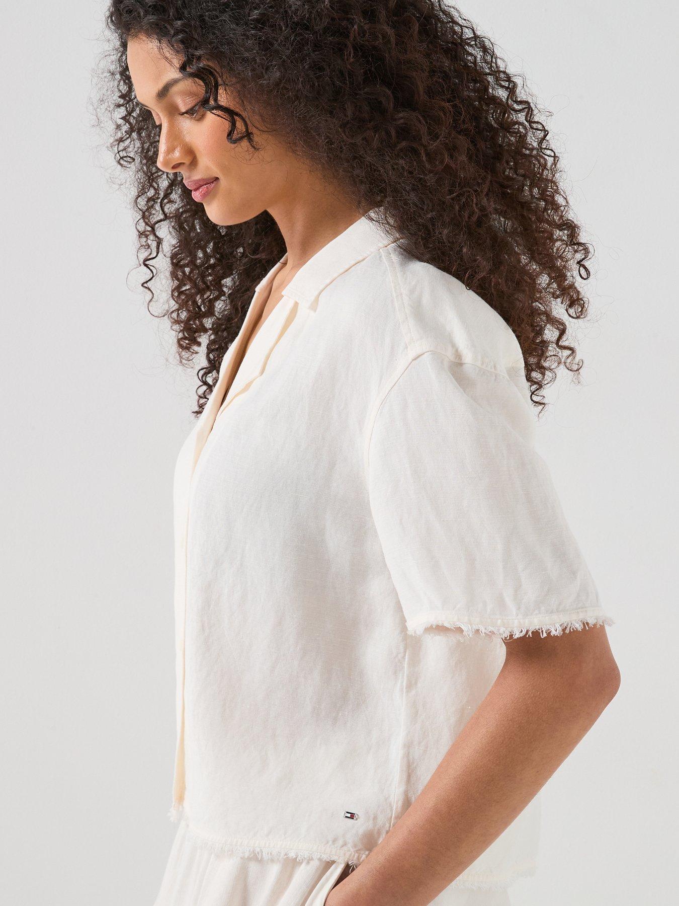 Image 5 of 6 of Tommy Hilfiger Frayed Linen Blend Shirt - White