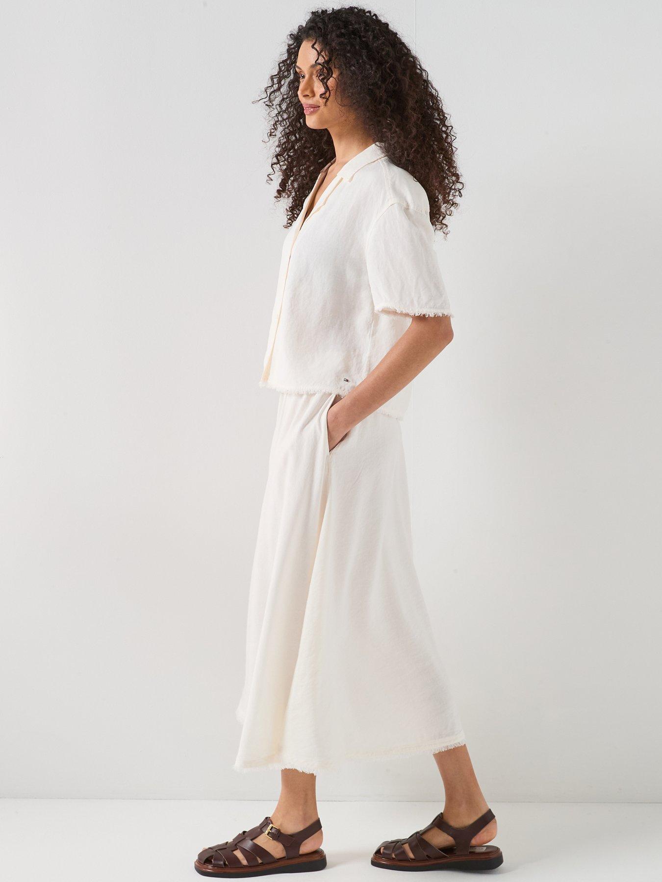 Image 6 of 6 of Tommy Hilfiger Linen Blend Volume Midi Skirt - White