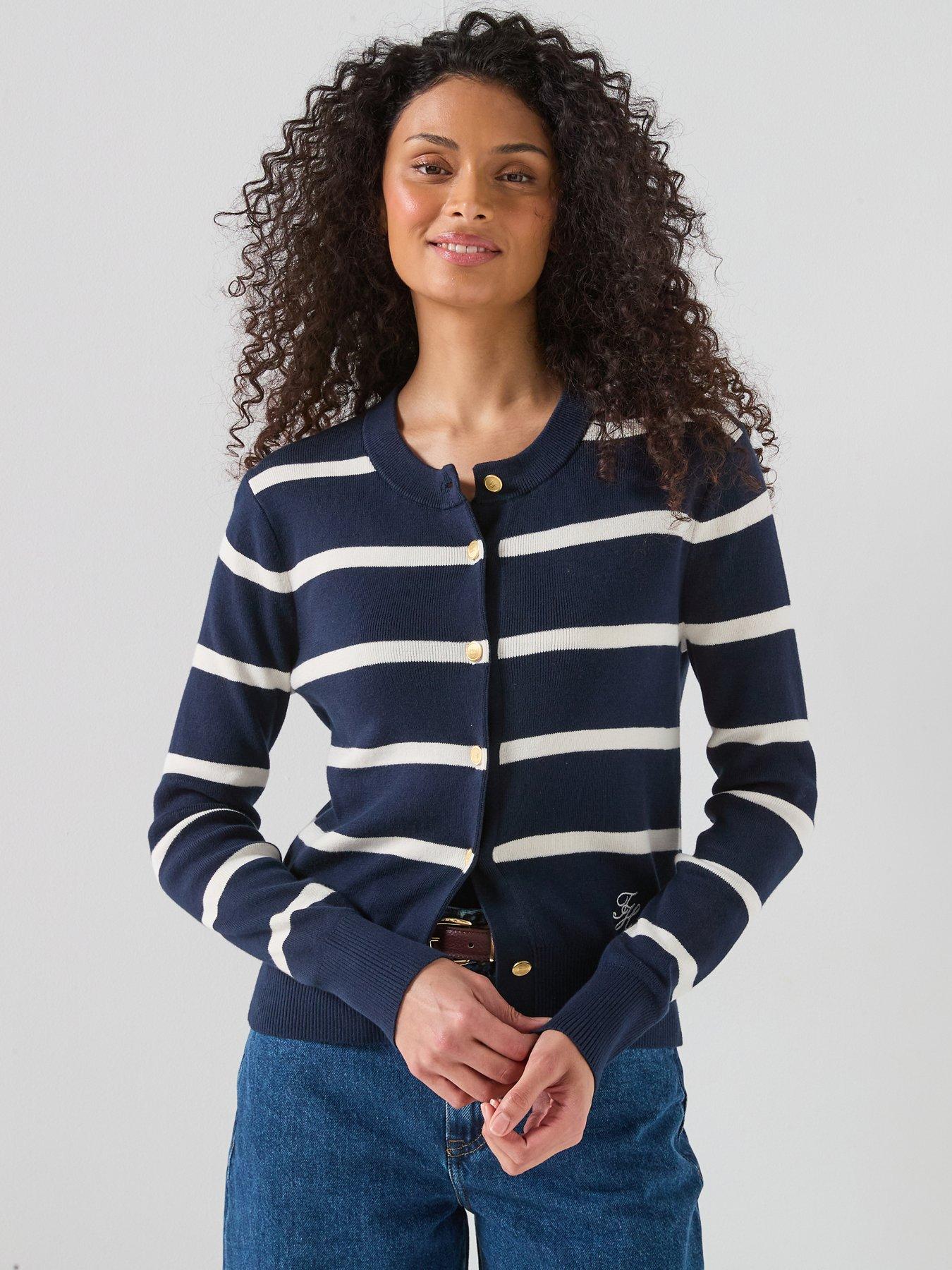 Image 1 of 6 of Tommy Hilfiger Crew Neck Long Sleeve Striped Cardigan - Navy