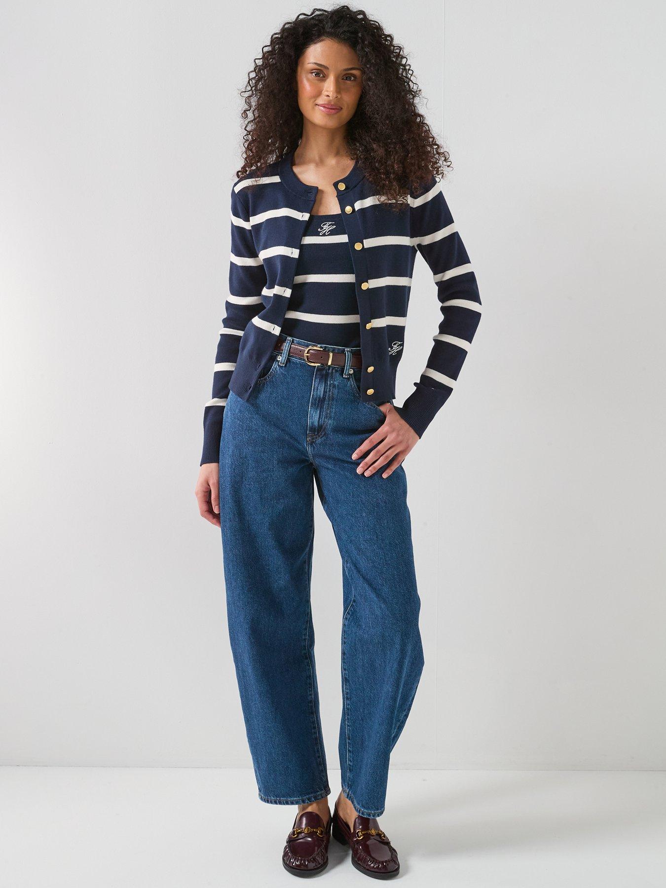 Image 3 of 6 of Tommy Hilfiger Crew Neck Long Sleeve Striped Cardigan - Navy
